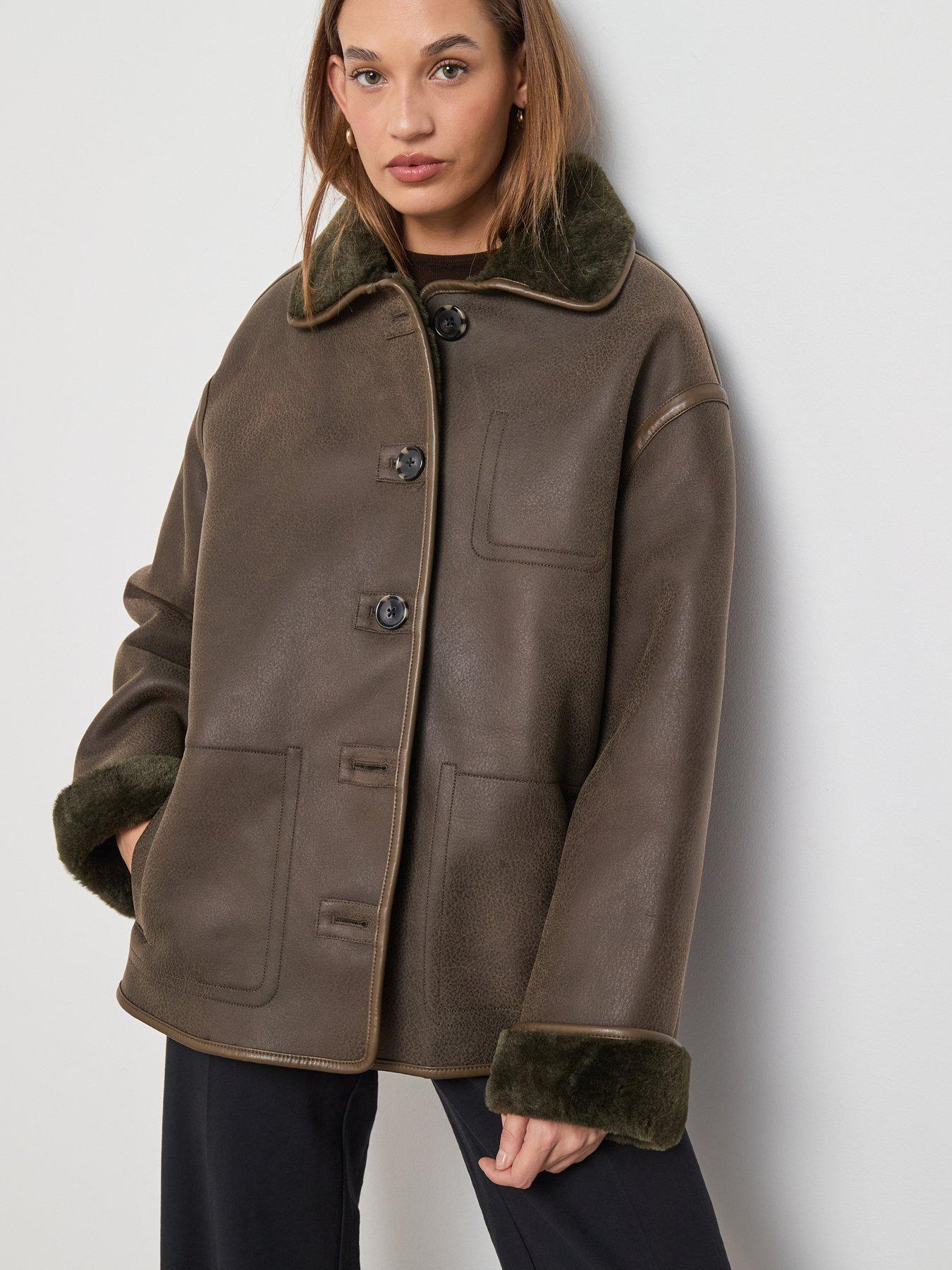 Mango Faux Shearling Leather Effect Coat