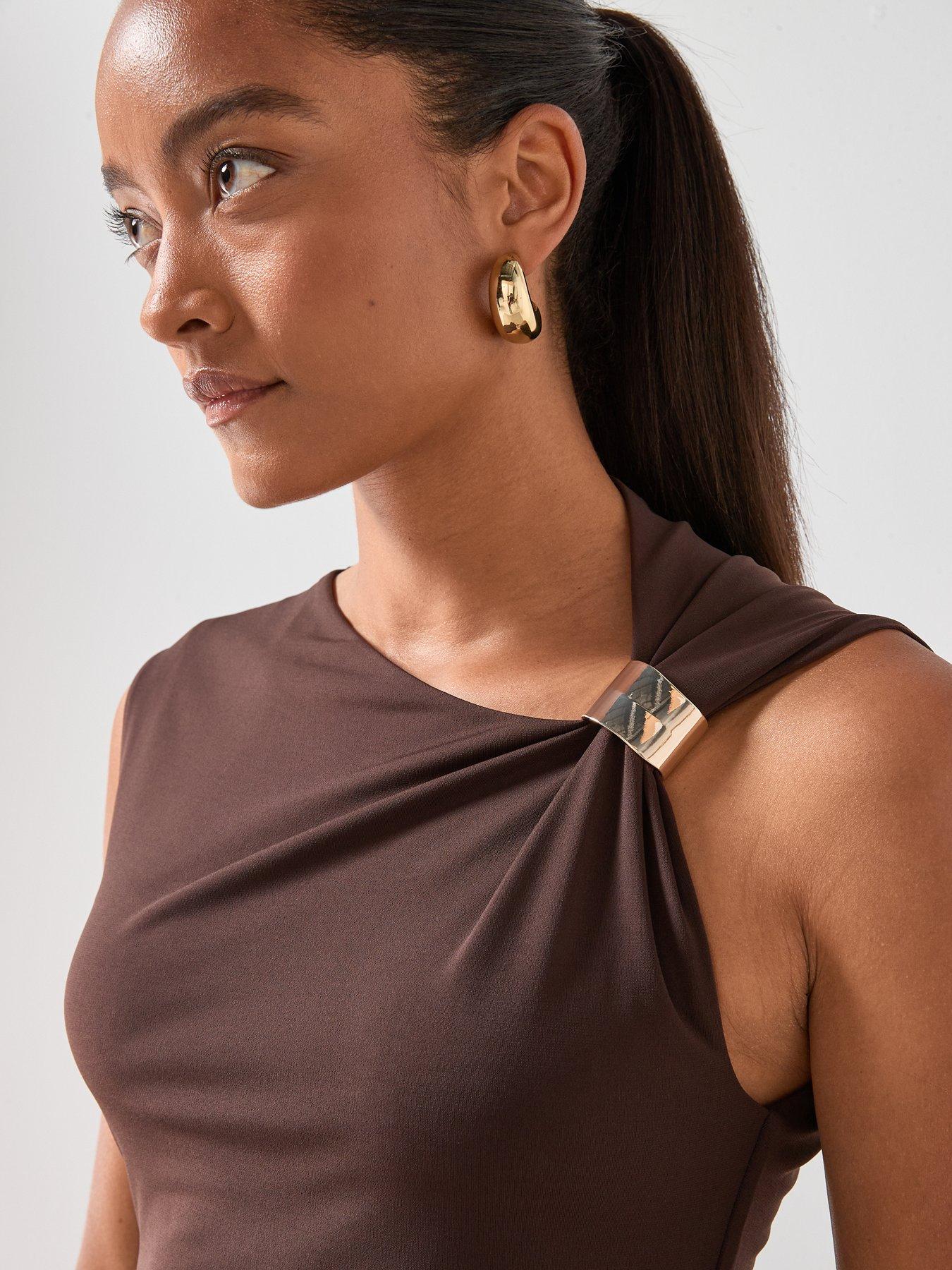  image of mango-dress-with-asymmetrical-neck-and-metallic-detail