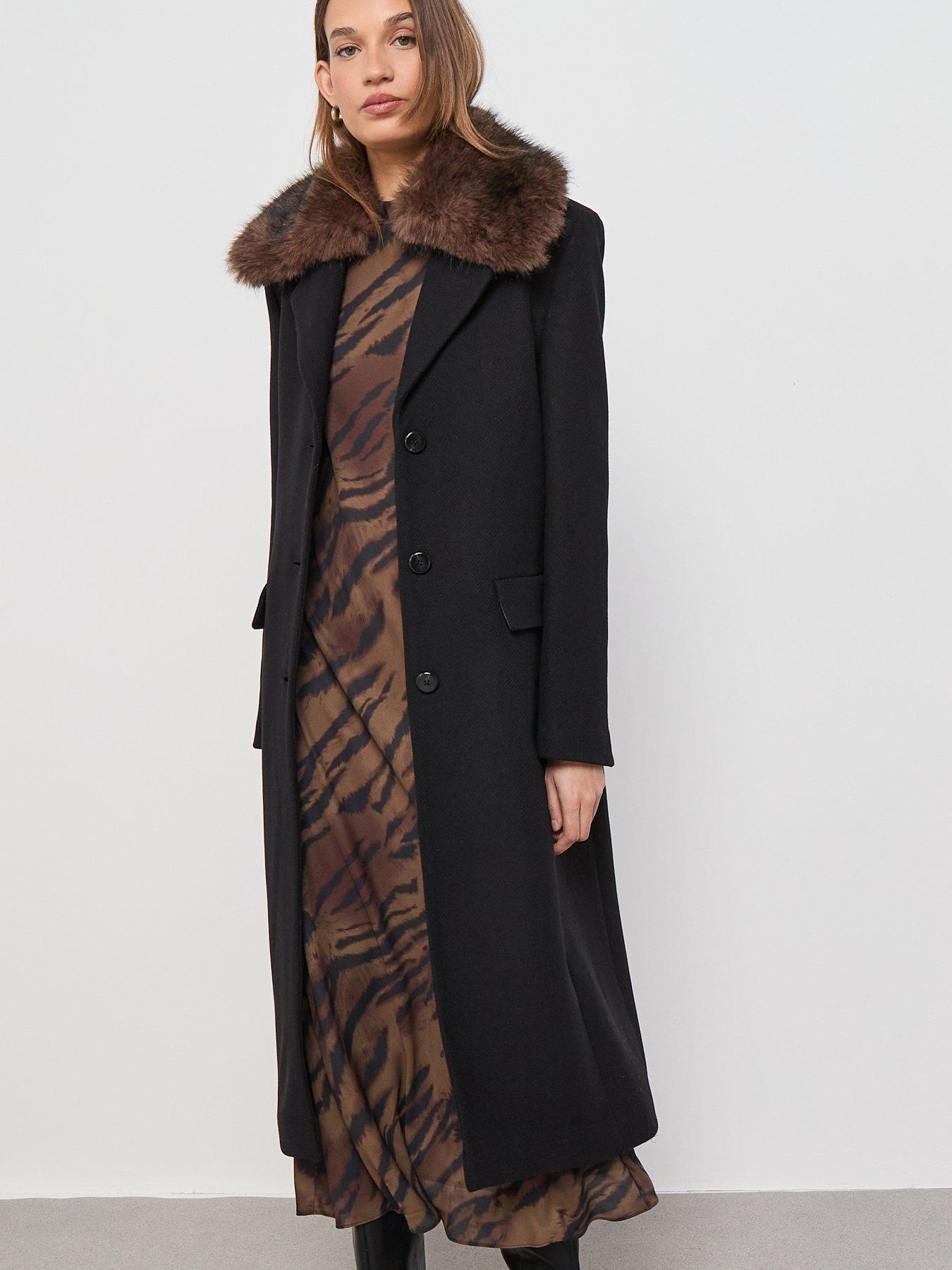 Mango Fur Collar Coat - Black