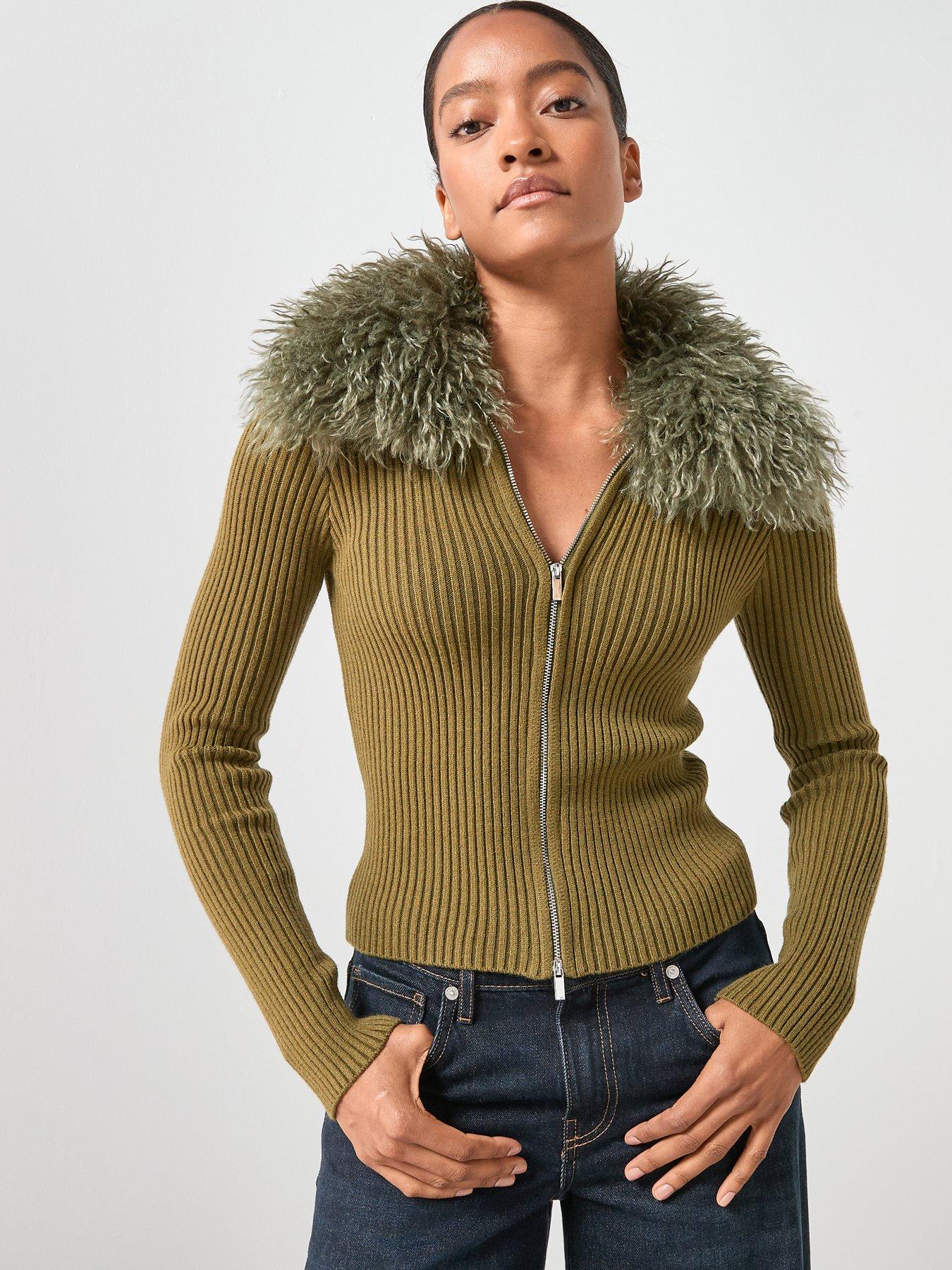 front image of mango-combined-zip-up-faux-fur-cardigan
