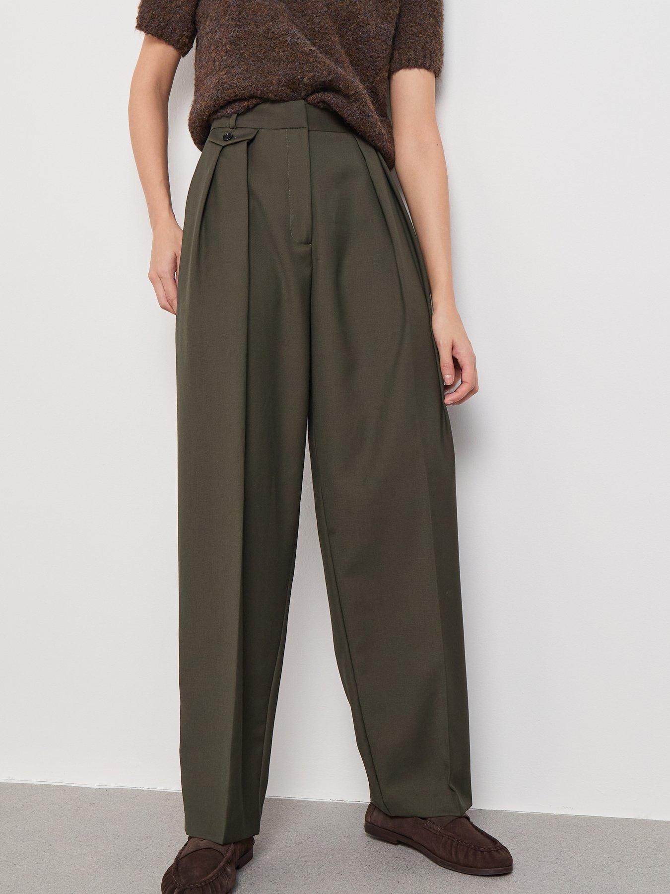 Mango Pleated Trousers with Button Detail - Green