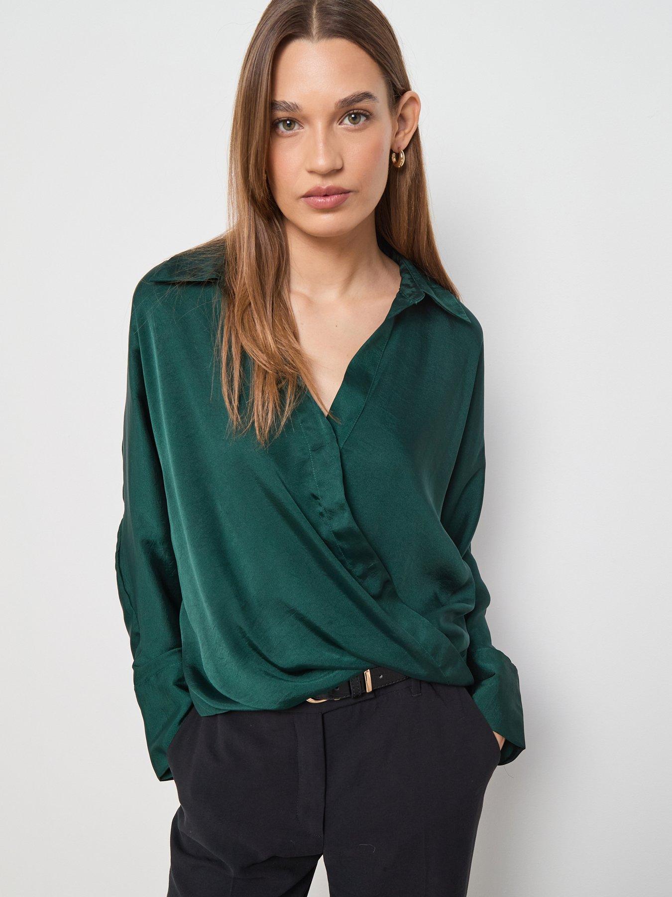  image of mango-cross-over-satin-blouse-green
