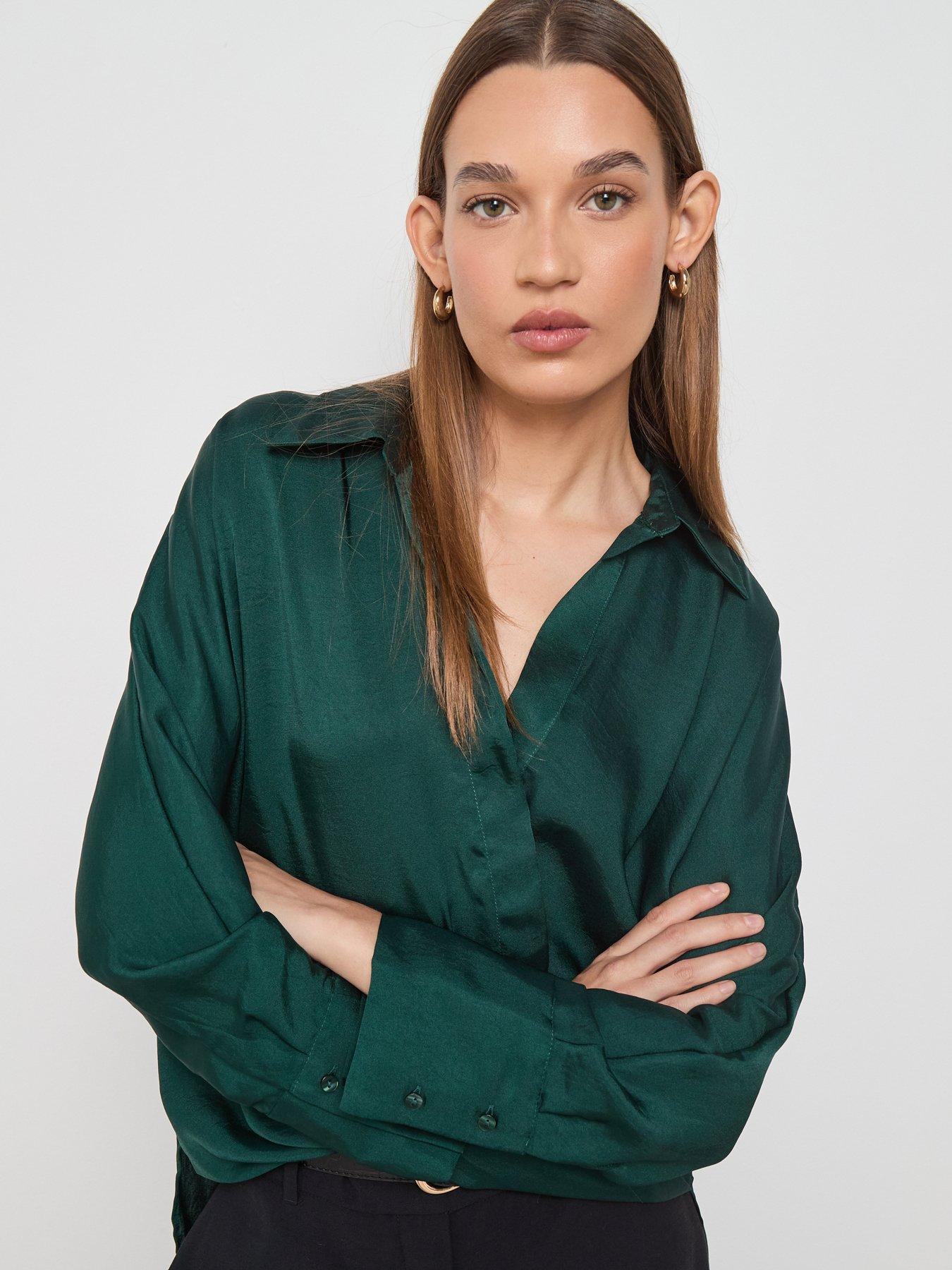 Image 4 of 6 of Mango Cross-Over Satin Blouse - Green