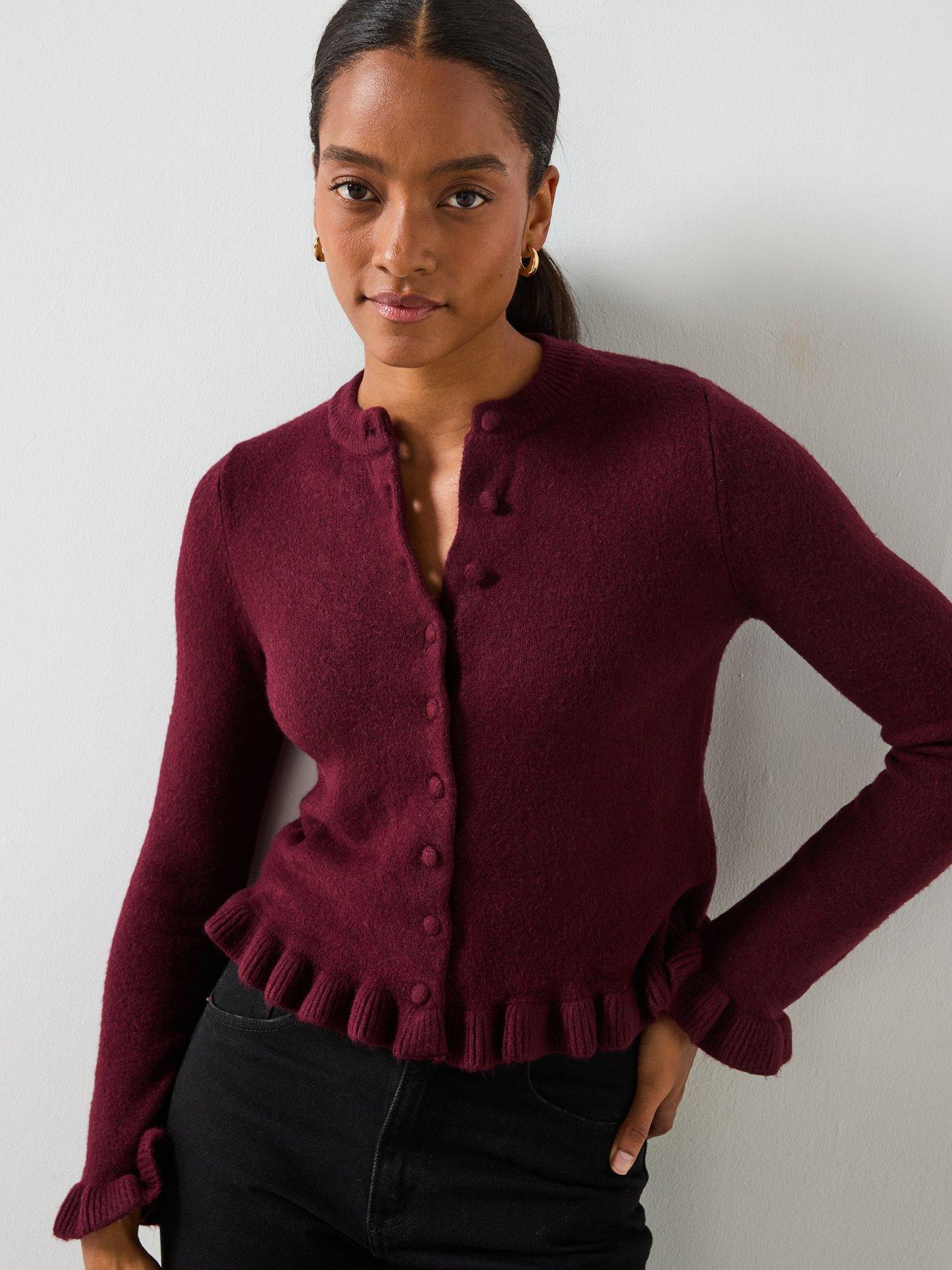 front image of mango-ruffle-knit-cardigan