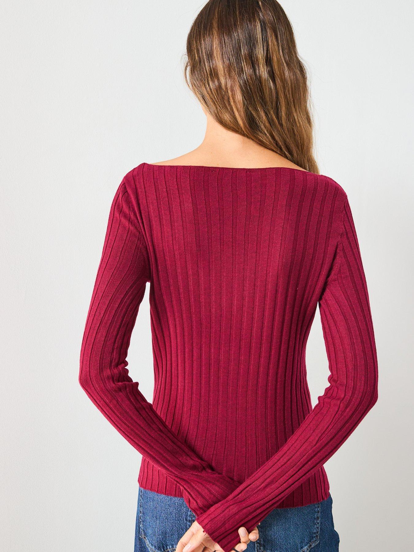 Image 2 of 6 of Mango Boat Neck Ribbed Sweater - Red