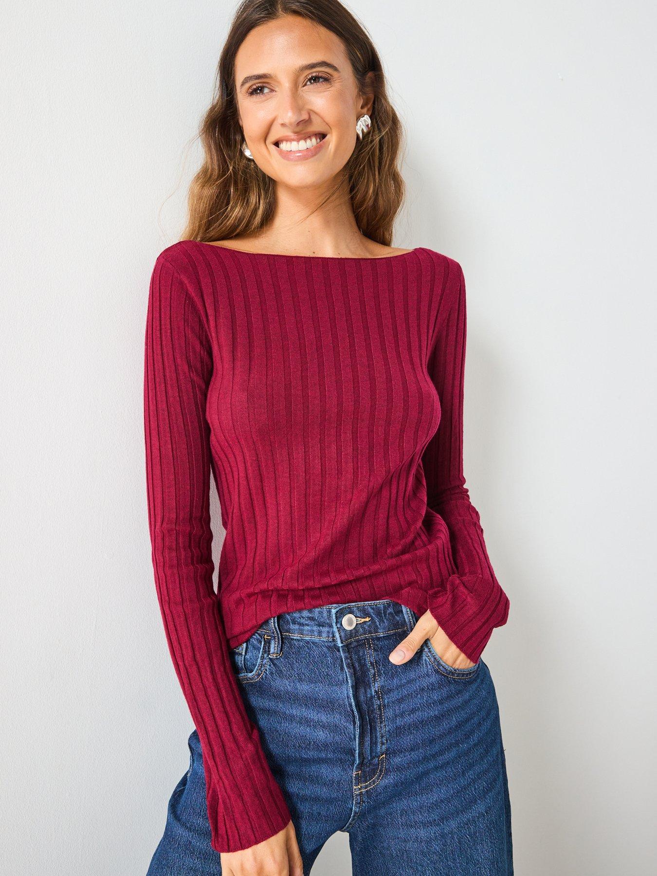 Image 4 of 6 of Mango Boat Neck Ribbed Sweater - Red