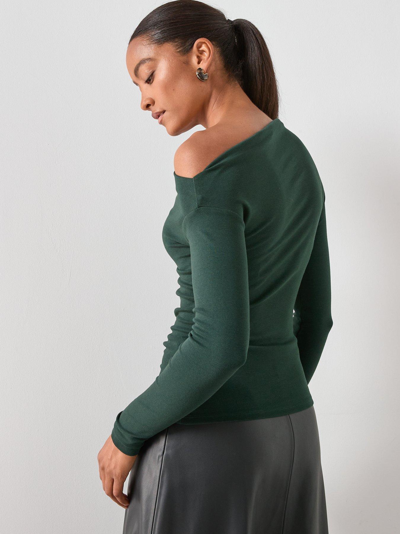  image of mango-long-sleeve-t-shirt-with-asymmetric-neckline-green