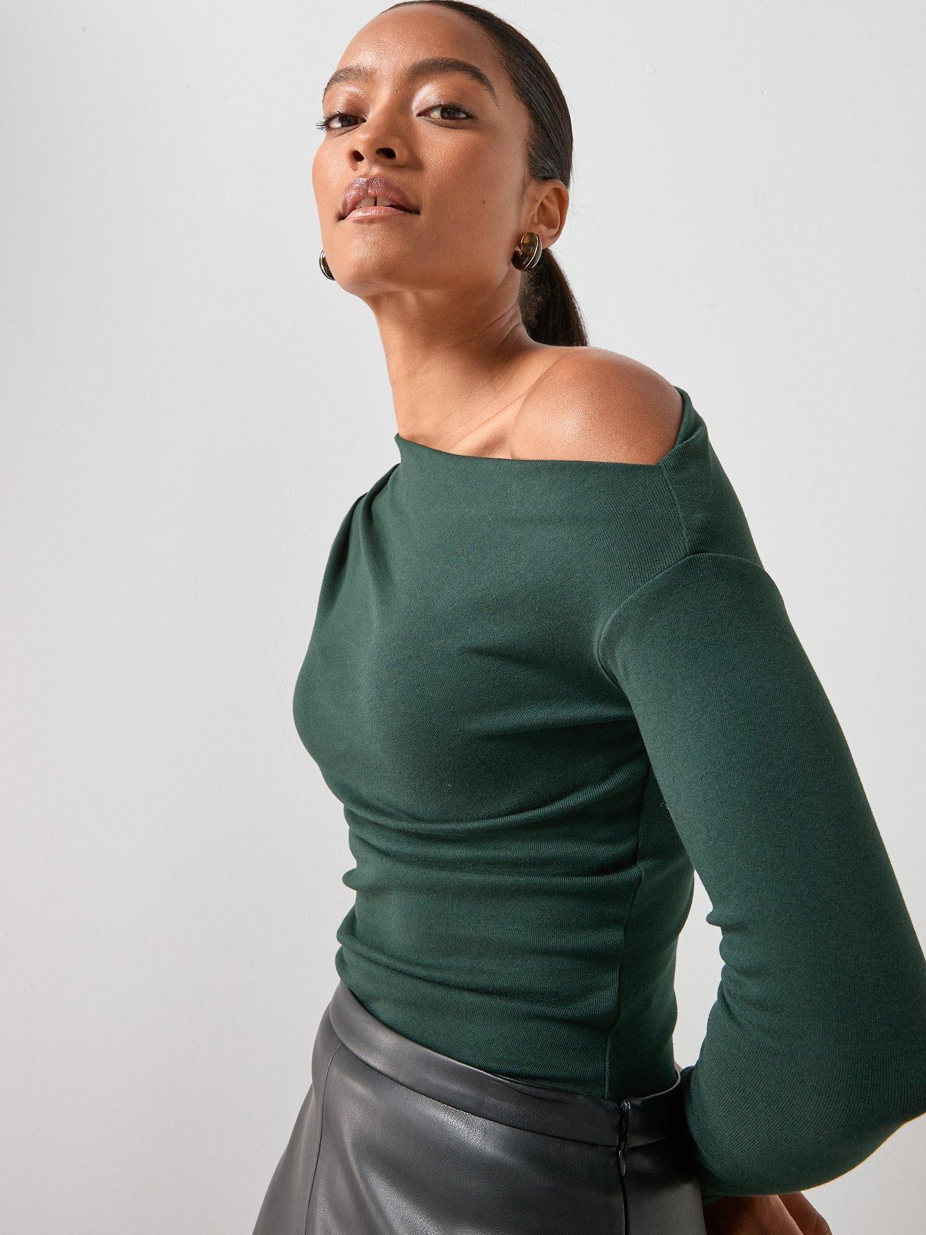  image of mango-long-sleeve-t-shirt-with-asymmetric-neckline-green