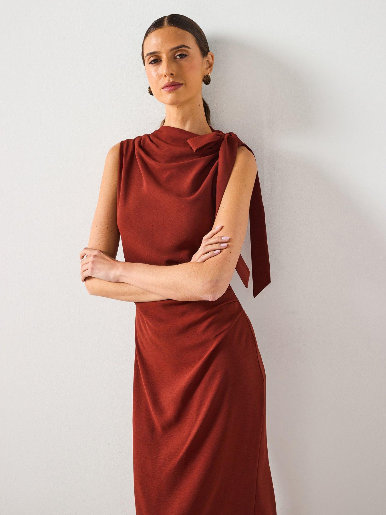 undefined Ruched Dress With Knot Detail - Brown