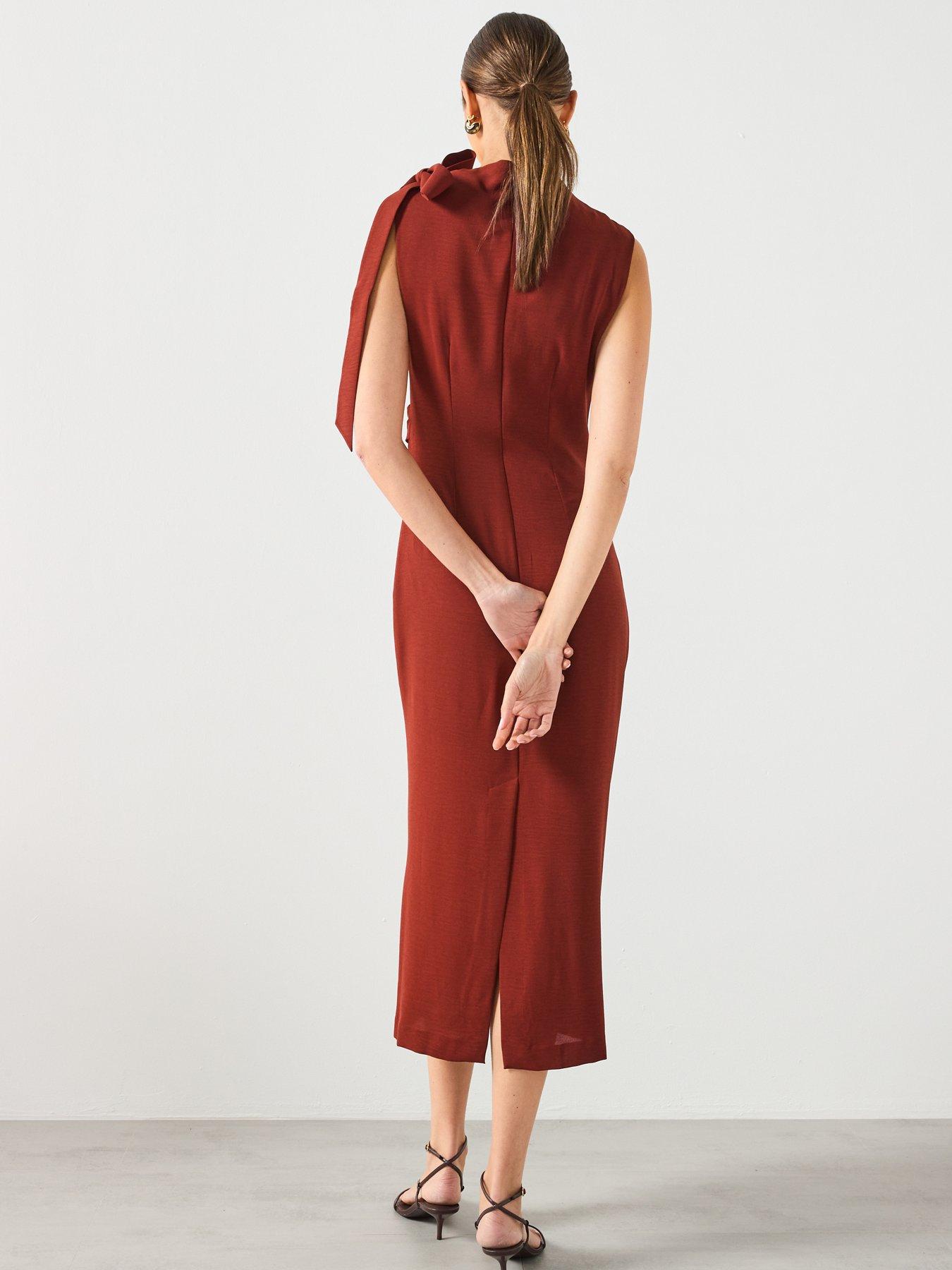 Image 2 of 6 of Mango Ruched Dress With Knot Detail - Brown