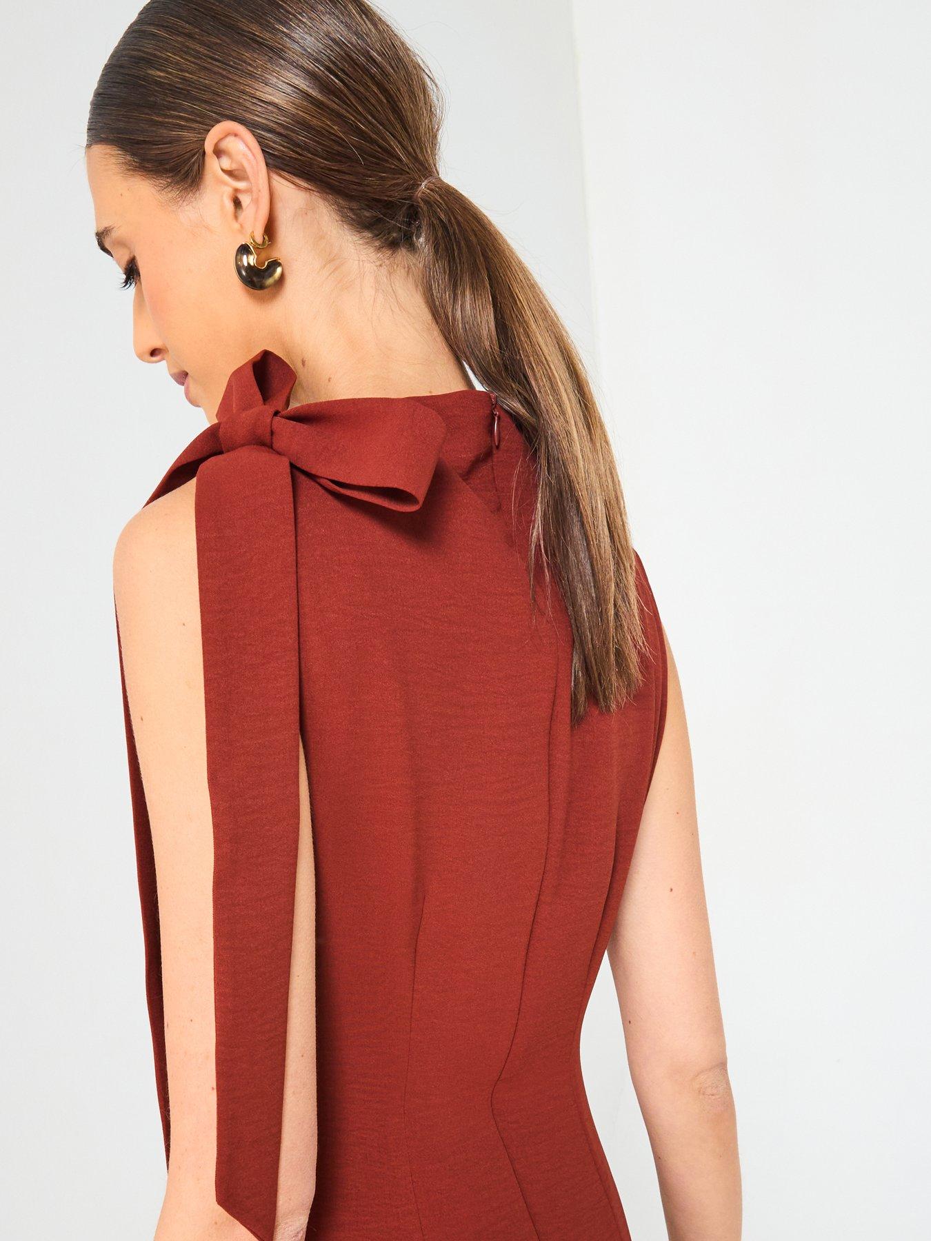 Image 4 of 6 of Mango Ruched Dress With Knot Detail - Brown