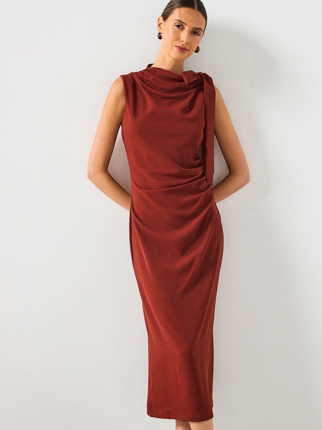 Image 5 of 6 of Mango Ruched Dress With Knot Detail - Brown