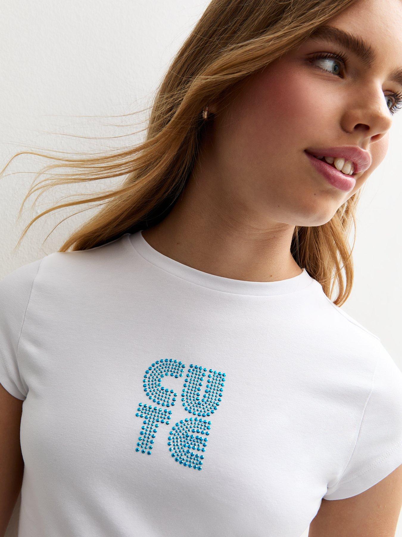 undefined Girls Cute Gem Stud Cap Sleeve T-Shirt - White