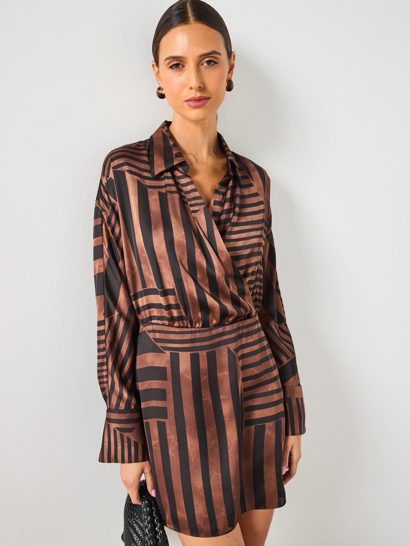 undefined Striped Satin Dress - Brown