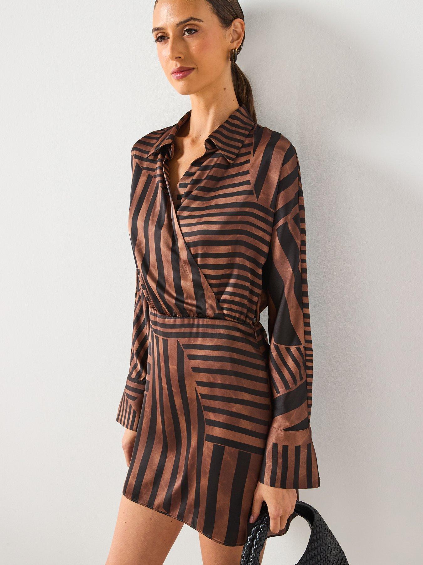 Image 6 of 6 of Mango Striped Satin Dress - Brown