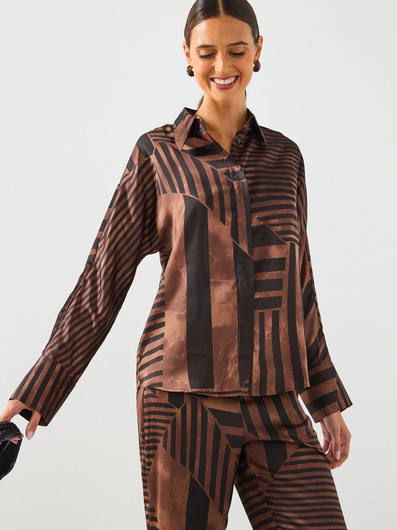 front image of mango-striped-satin-blouse-brown