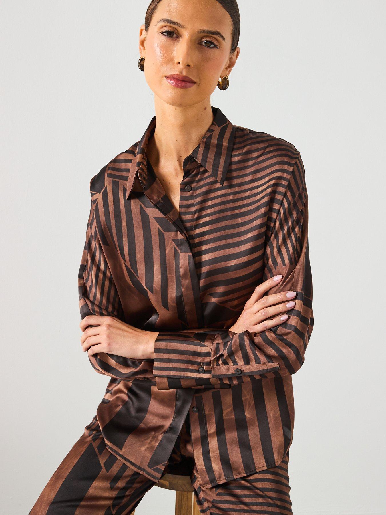  image of mango-striped-satin-blouse-brown