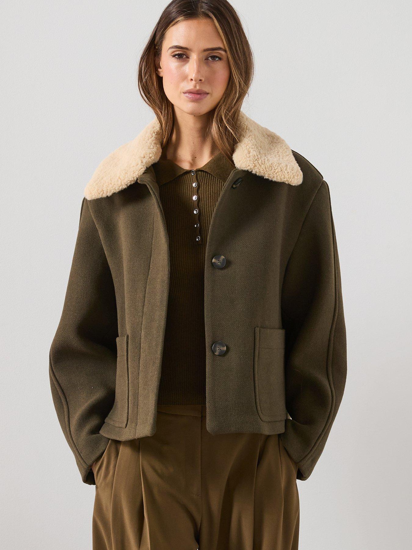 Mango Wool Blend Jacket With Sheepskin Collar - Khaki