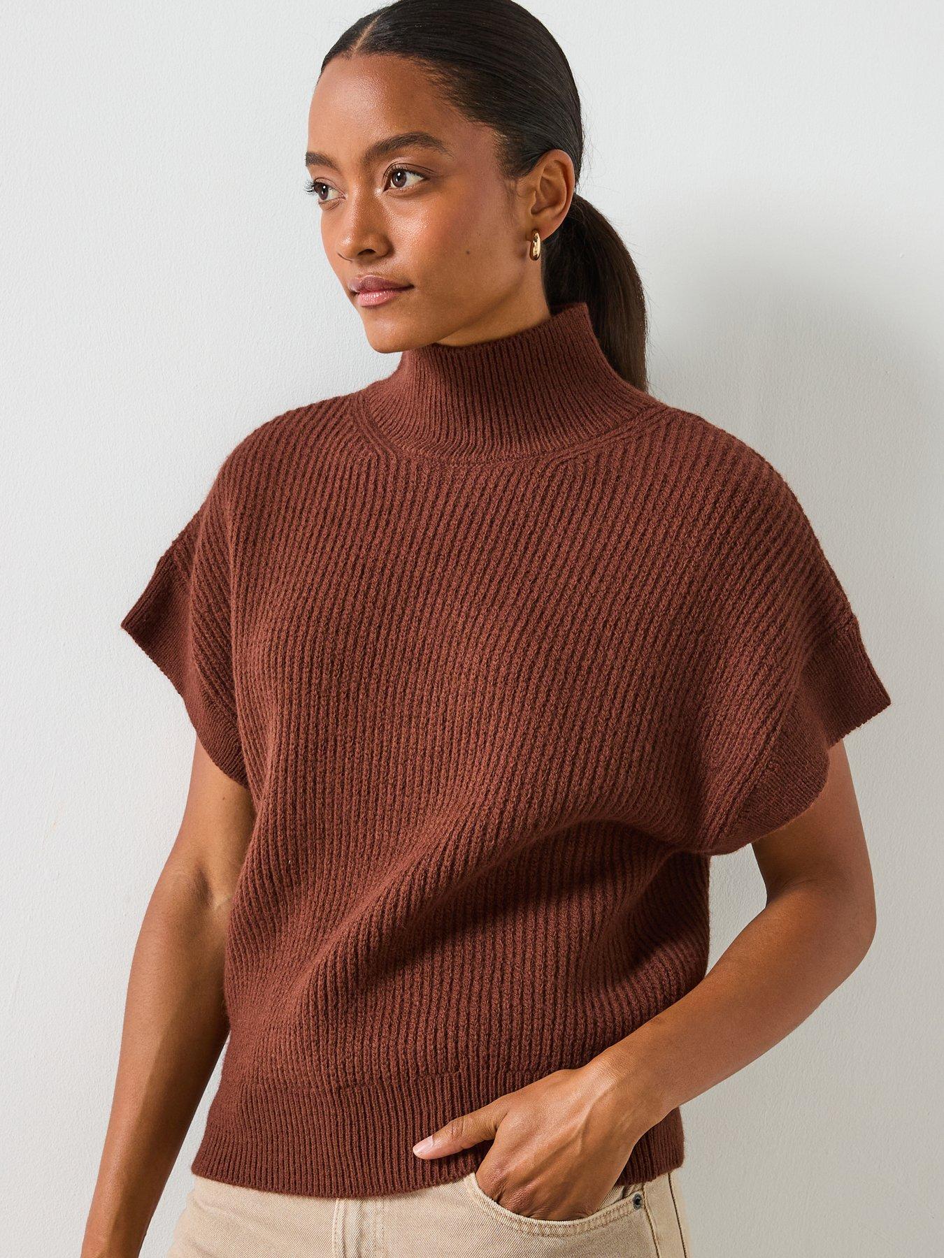 Mango Perkins Neck Short Sleeved Sweater - Brown