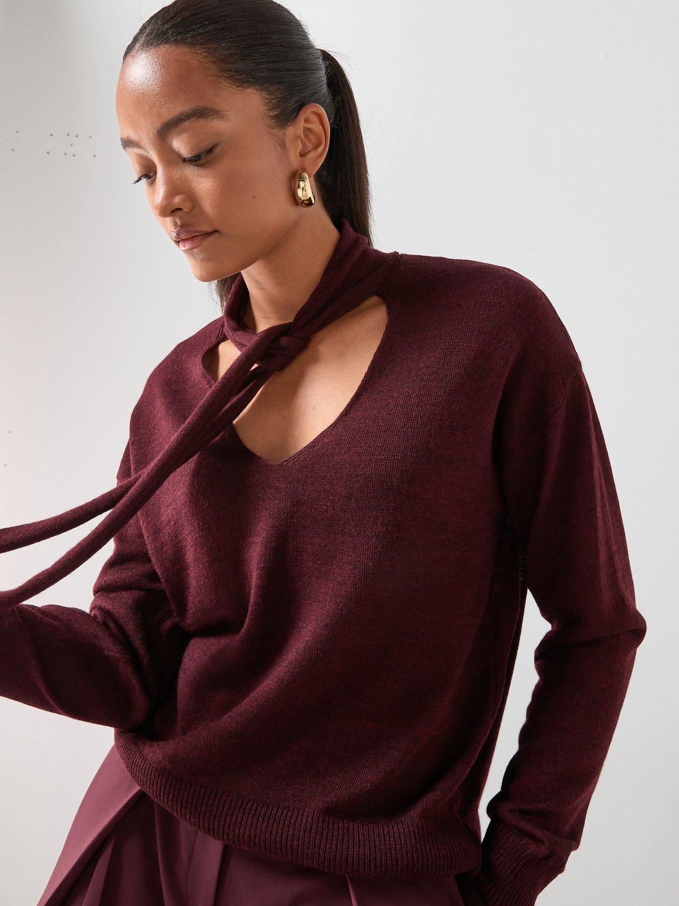  image of mango-v-neck-jumper-with-scarf-red