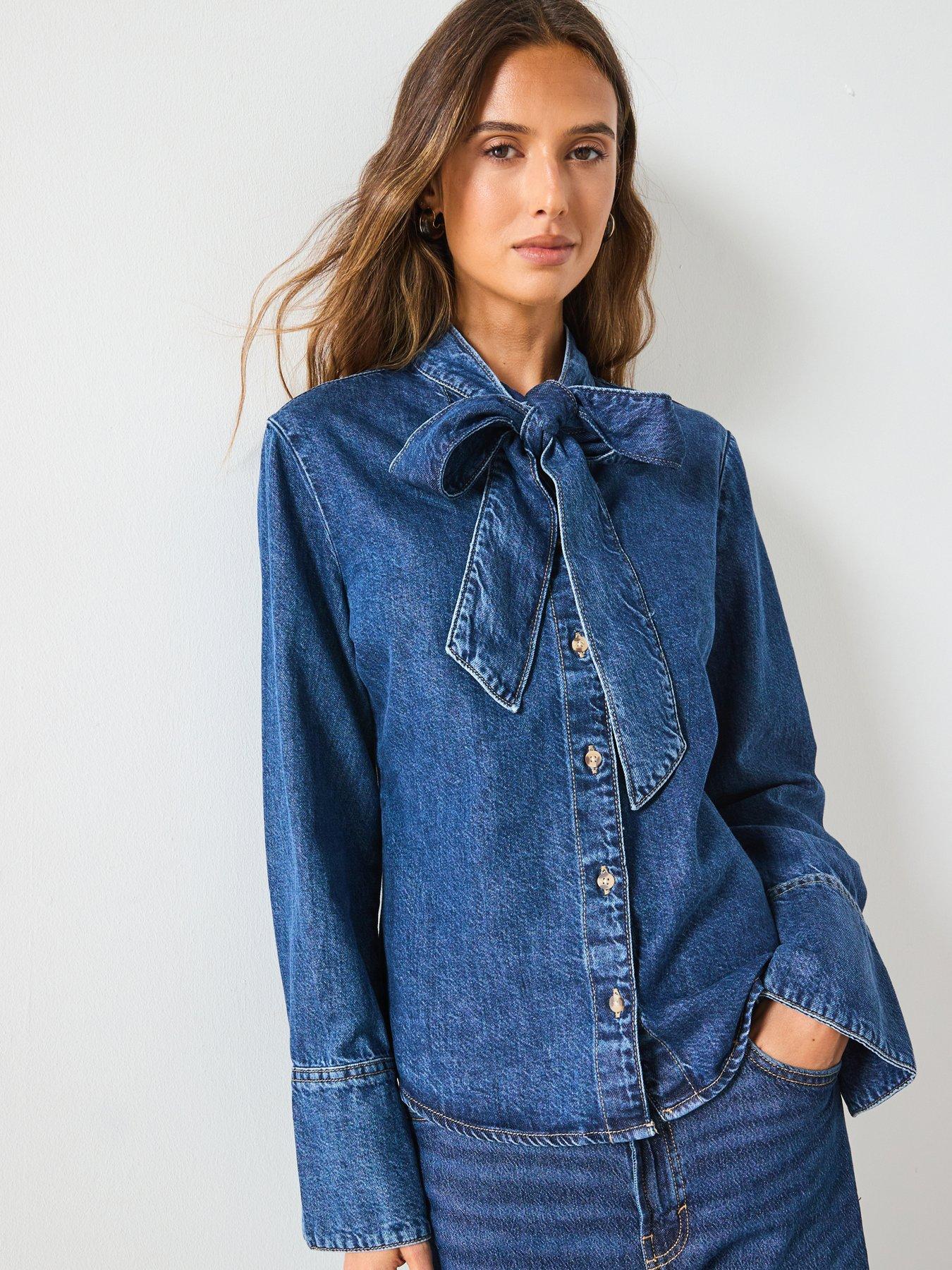 Mango Denim Shirt With Bow - Blue