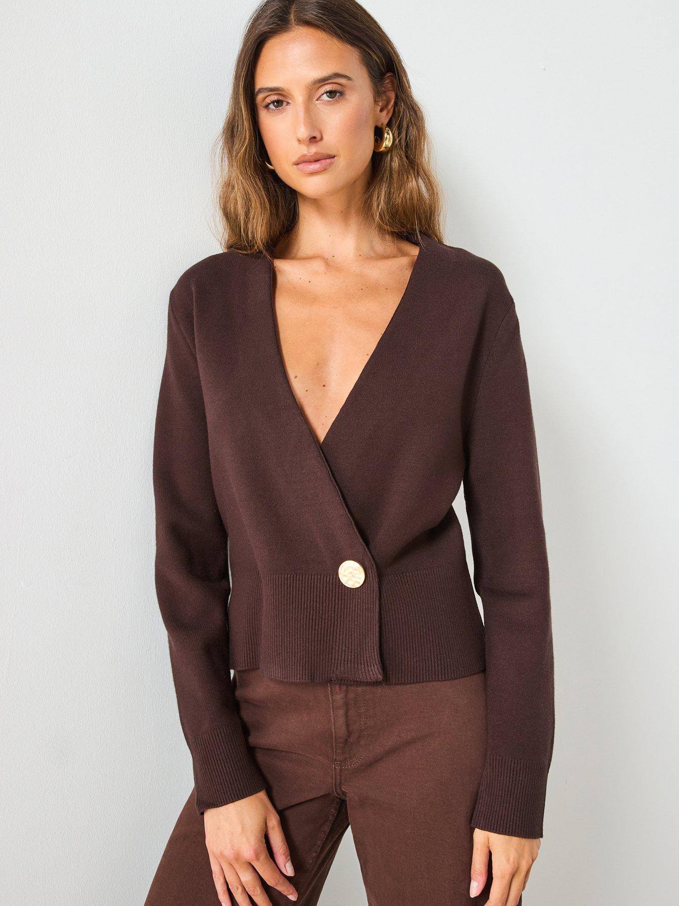 undefined Cross Over Cardigan With Jewel Button - Brown