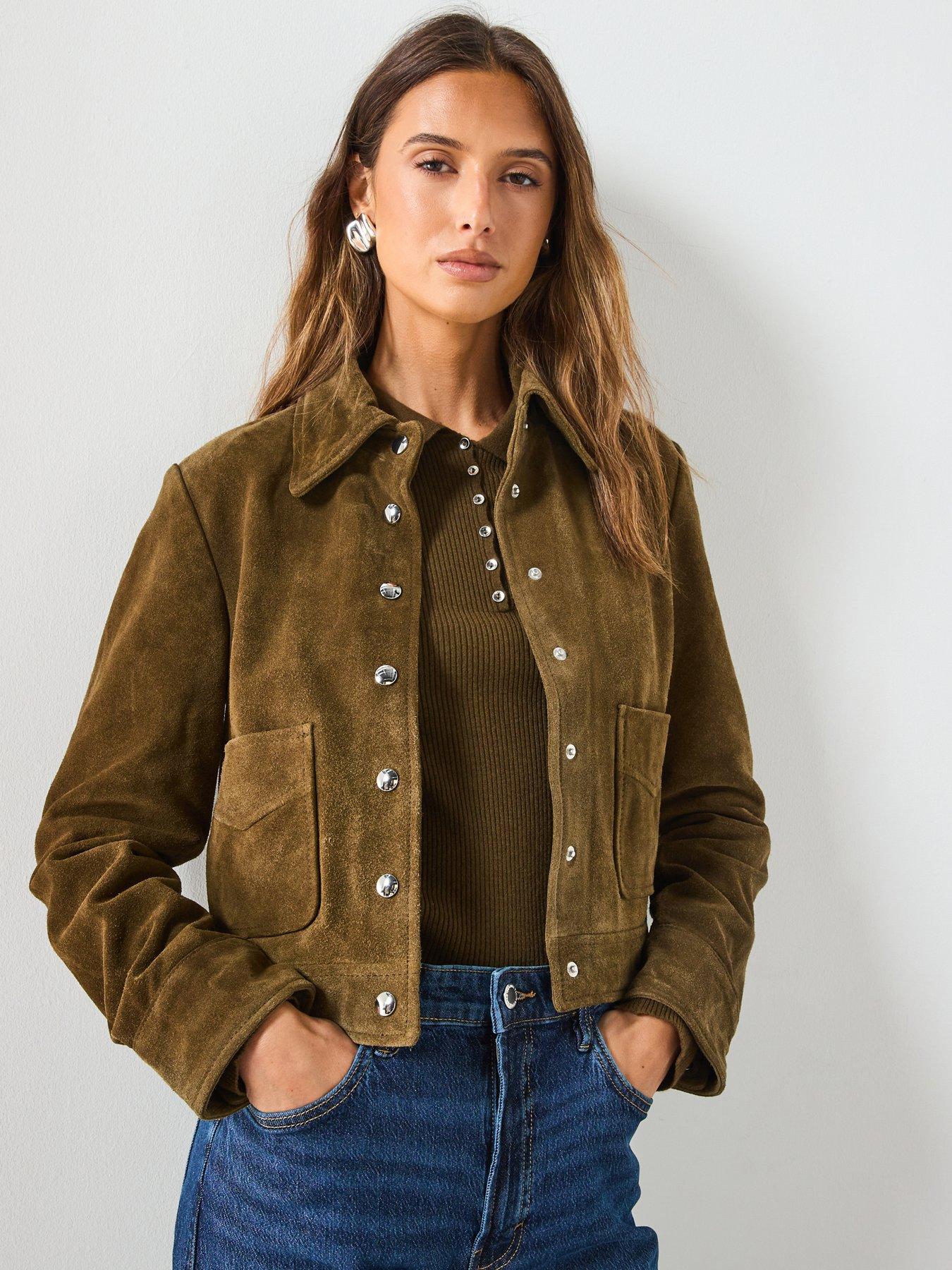 undefined Suede Leather Jacket With Buttons - Khaki
