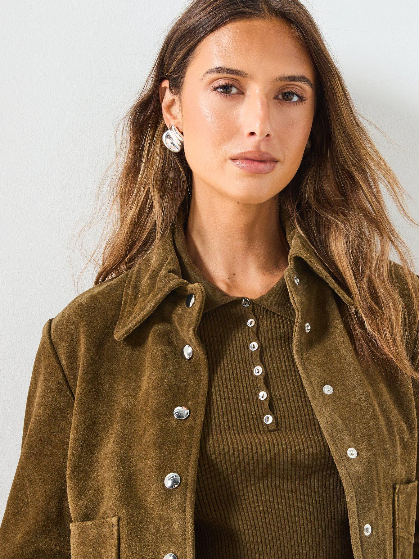 Image 4 of 6 of Mango Suede Leather Jacket With Buttons - Khaki