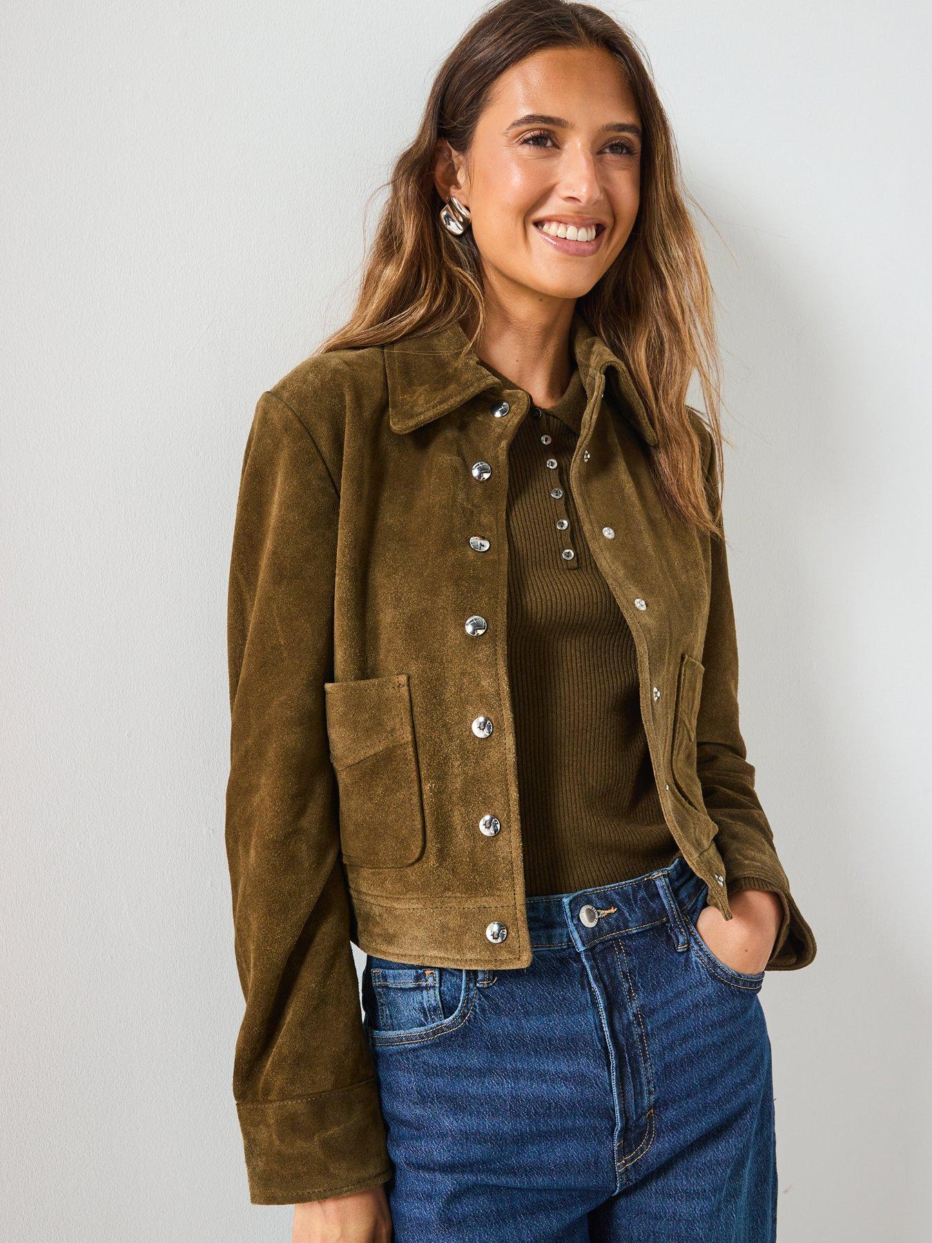 Image 5 of 6 of Mango Suede Leather Jacket With Buttons - Khaki