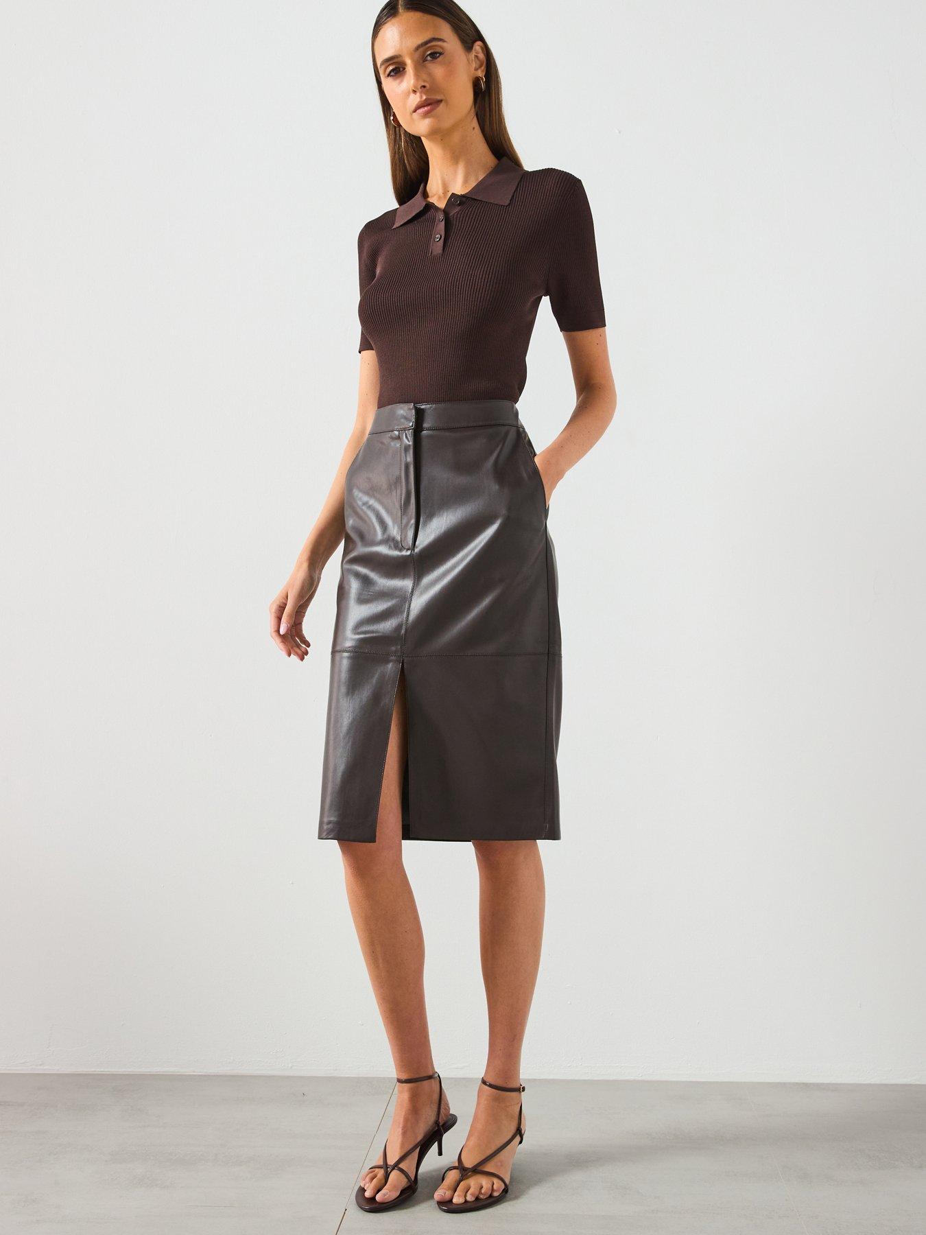 Image 3 of 6 of Mango Leather Effect Pencil Skirt - Brown