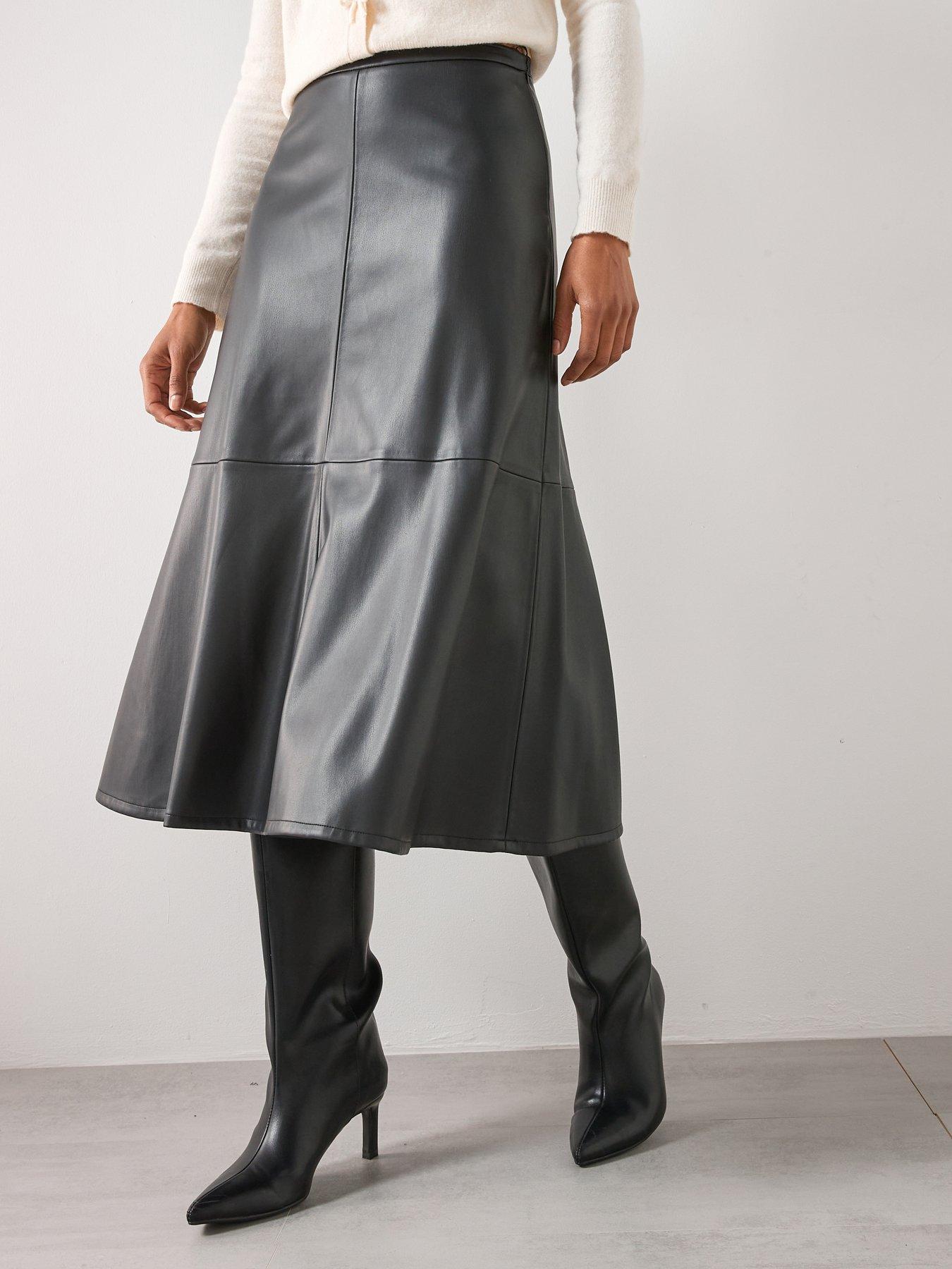  image of mango-leather-effect-midi-skirt-black