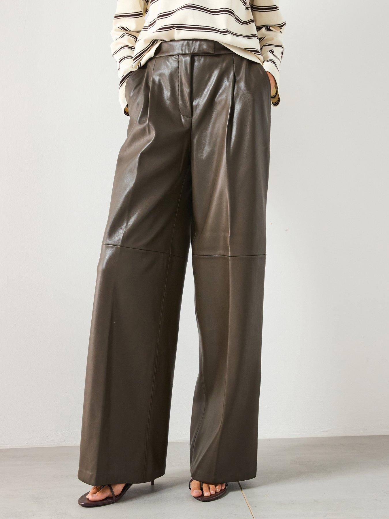 Mango Leather Effect Wide Leg Trousers - Khaki