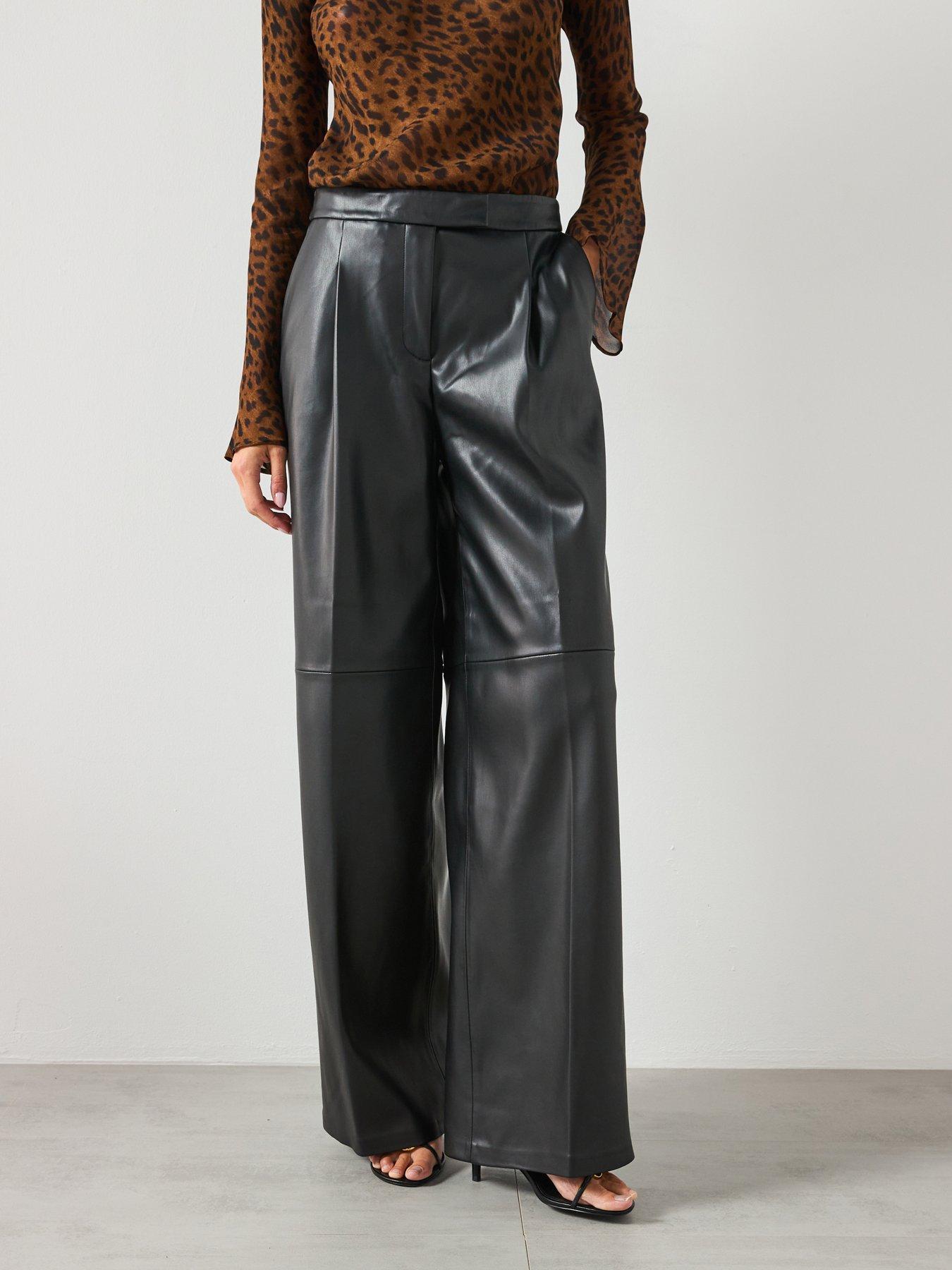 undefined Leather Effect Wide Leg Trousers - Black
