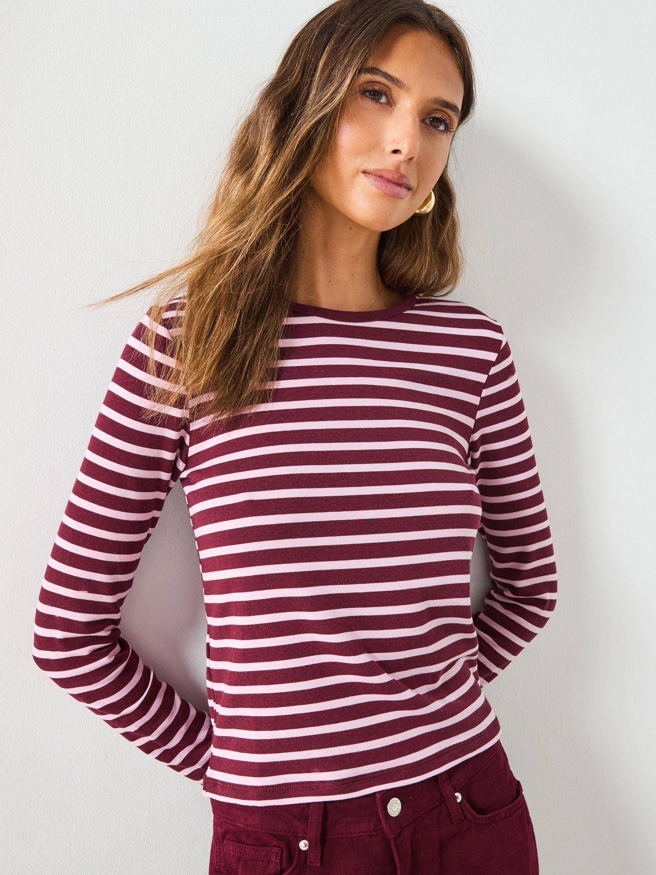 Image 1 of 6 of Mango Long Sleeved Striped T-Shirt - Pink