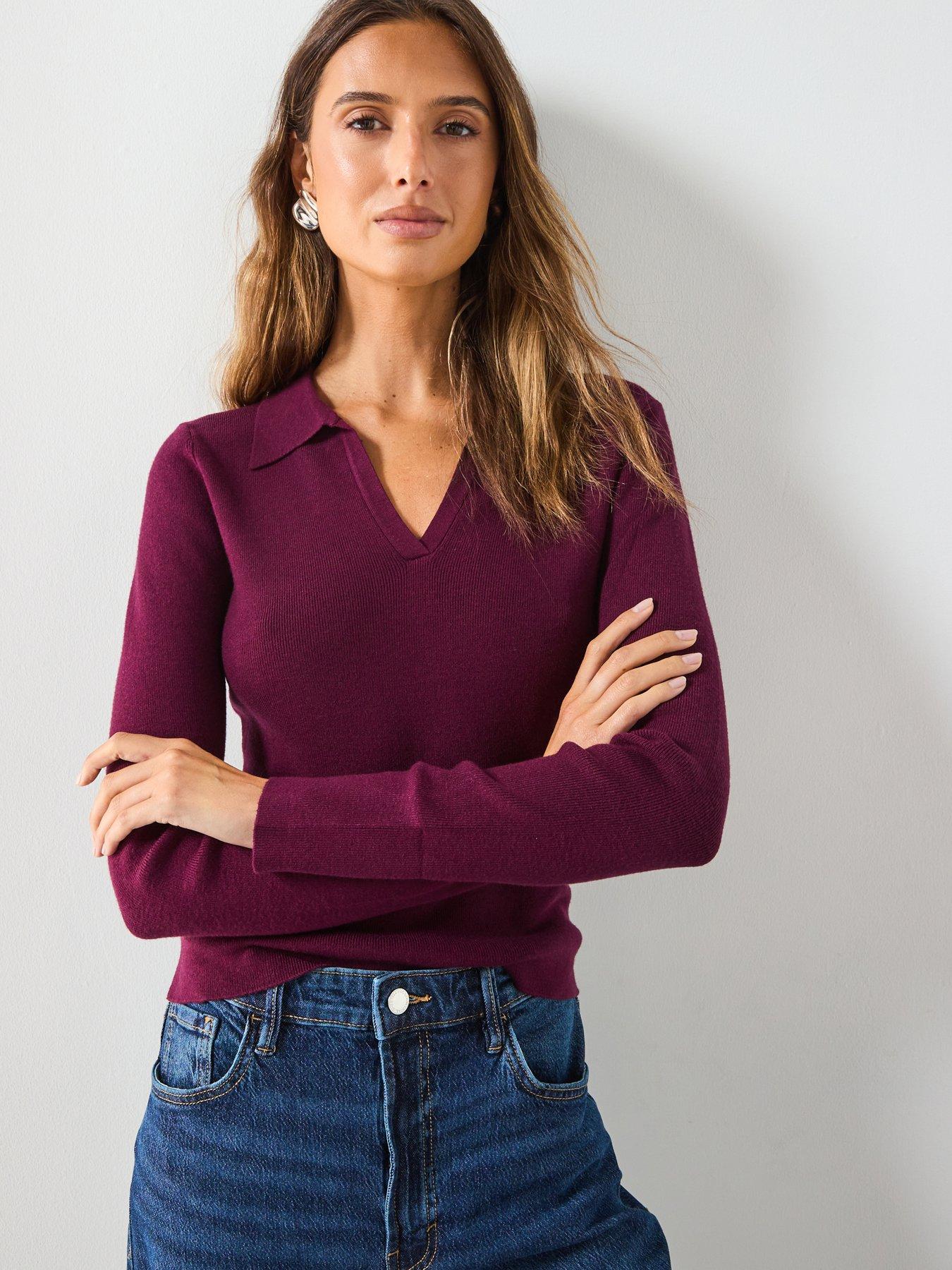 undefined Long Sleeved Polo Collar Sweater - Purple