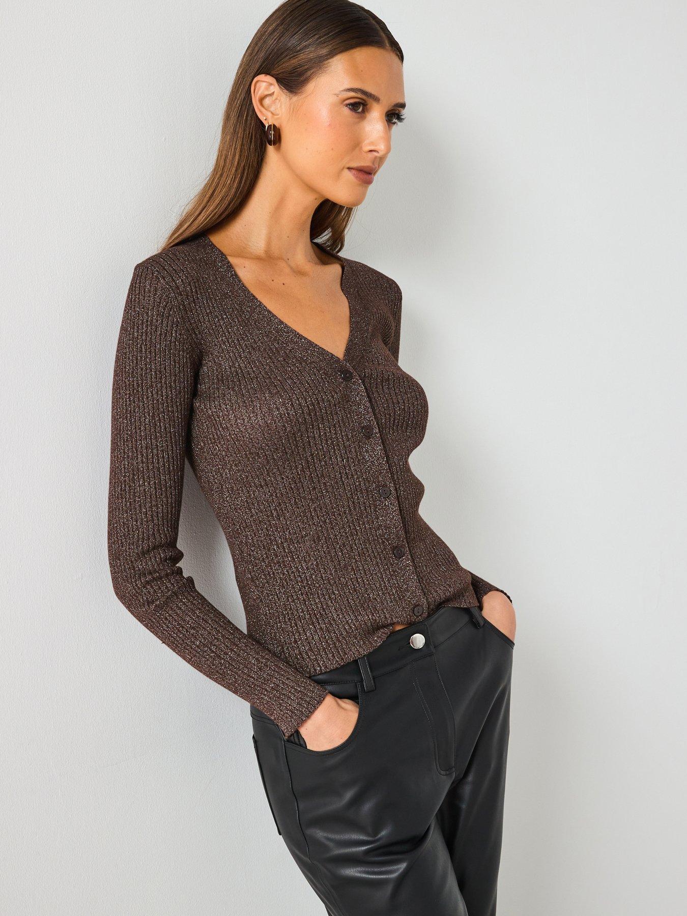 Image 1 of 6 of Mango Ribbed Knitted Cardigan - Brown