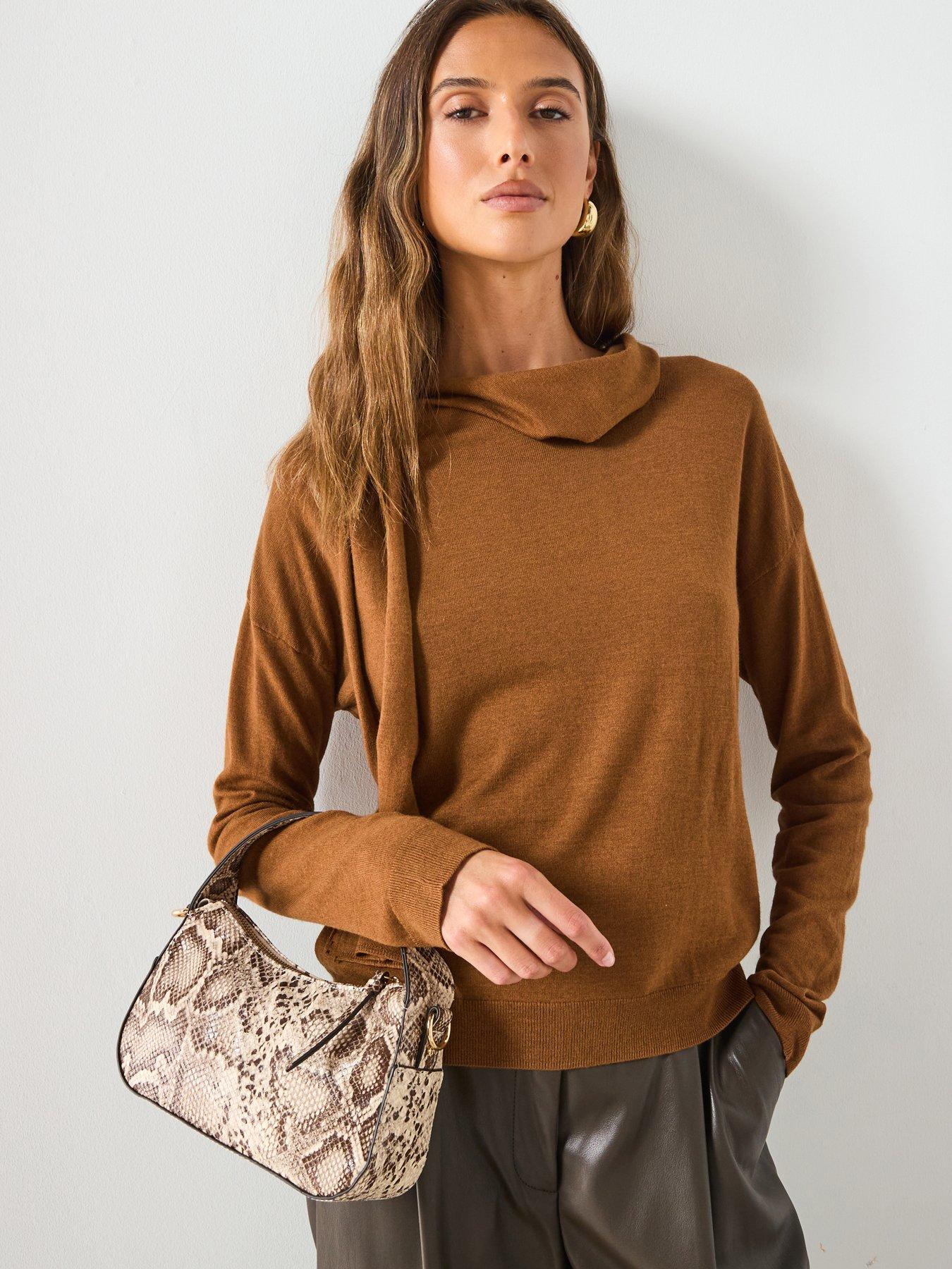 undefined Fine Knit Sweater With Scarf - Beige