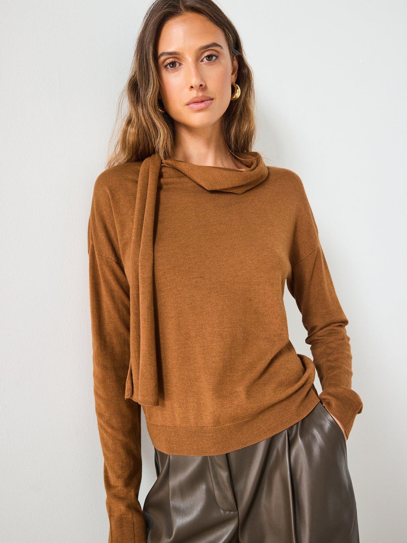 Image 5 of 6 of Mango Fine Knit Sweater With Scarf - Beige
