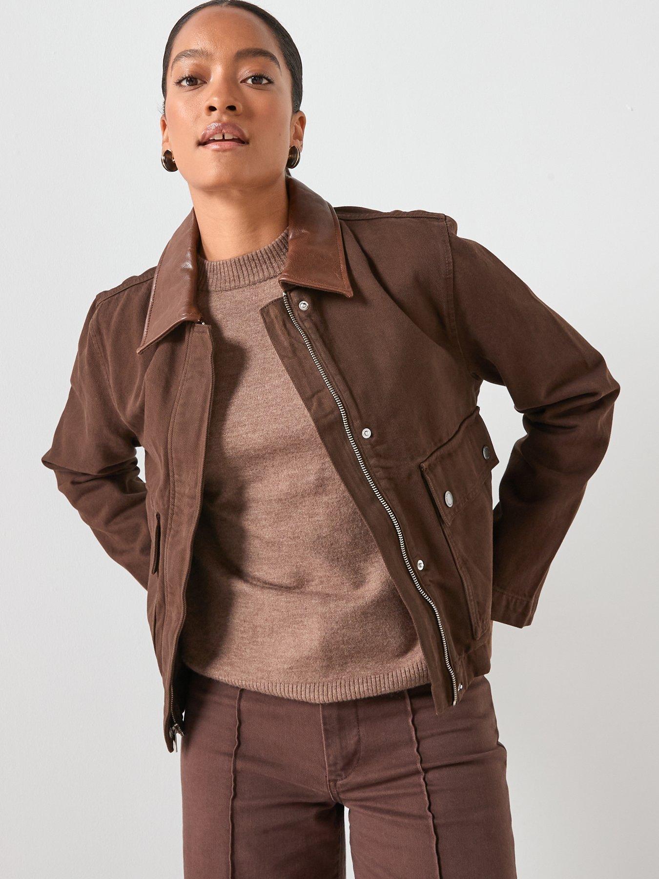  image of mango-denim-parka-with-leather-effect-collar-brown