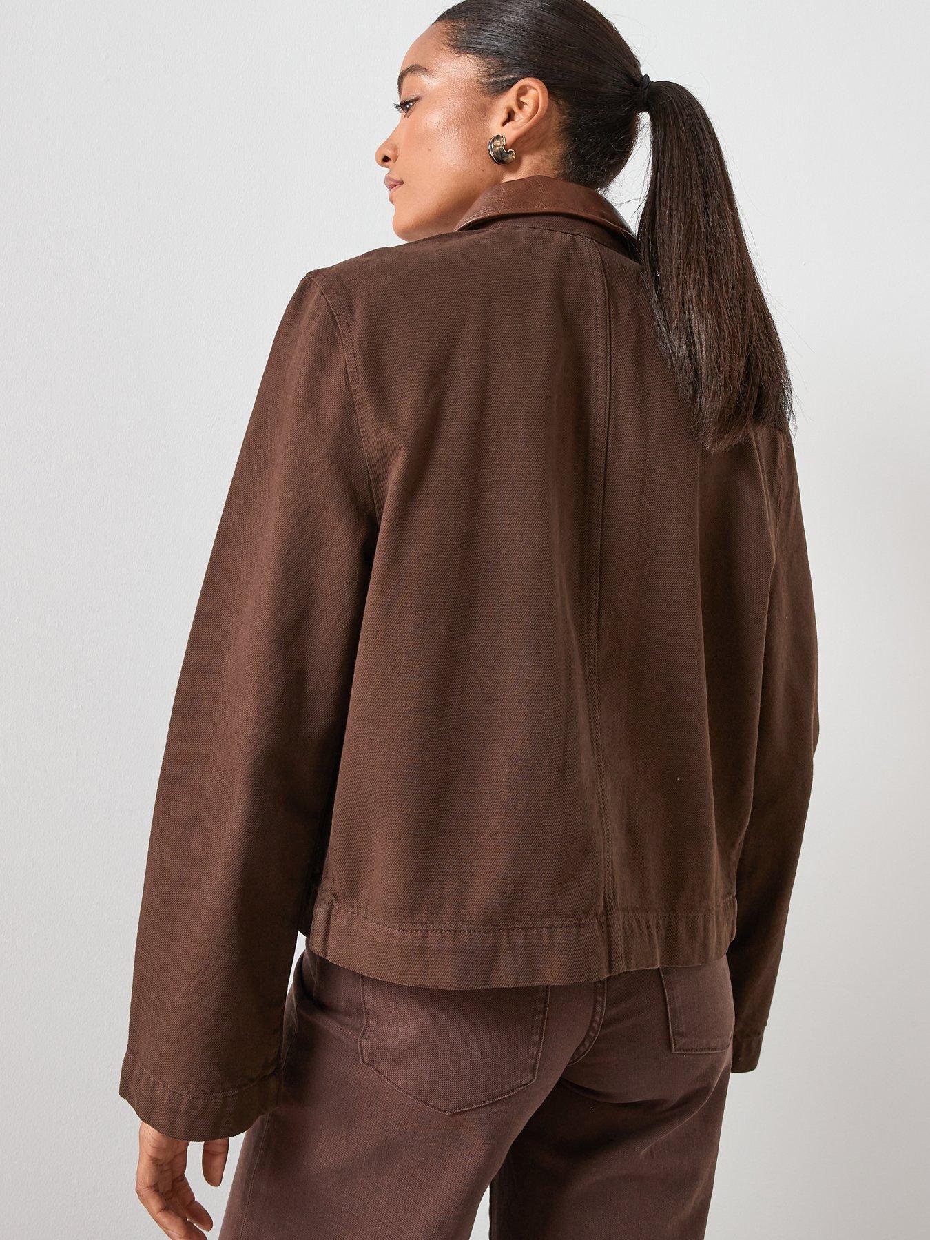  image of mango-denim-parka-with-leather-effect-collar-brown