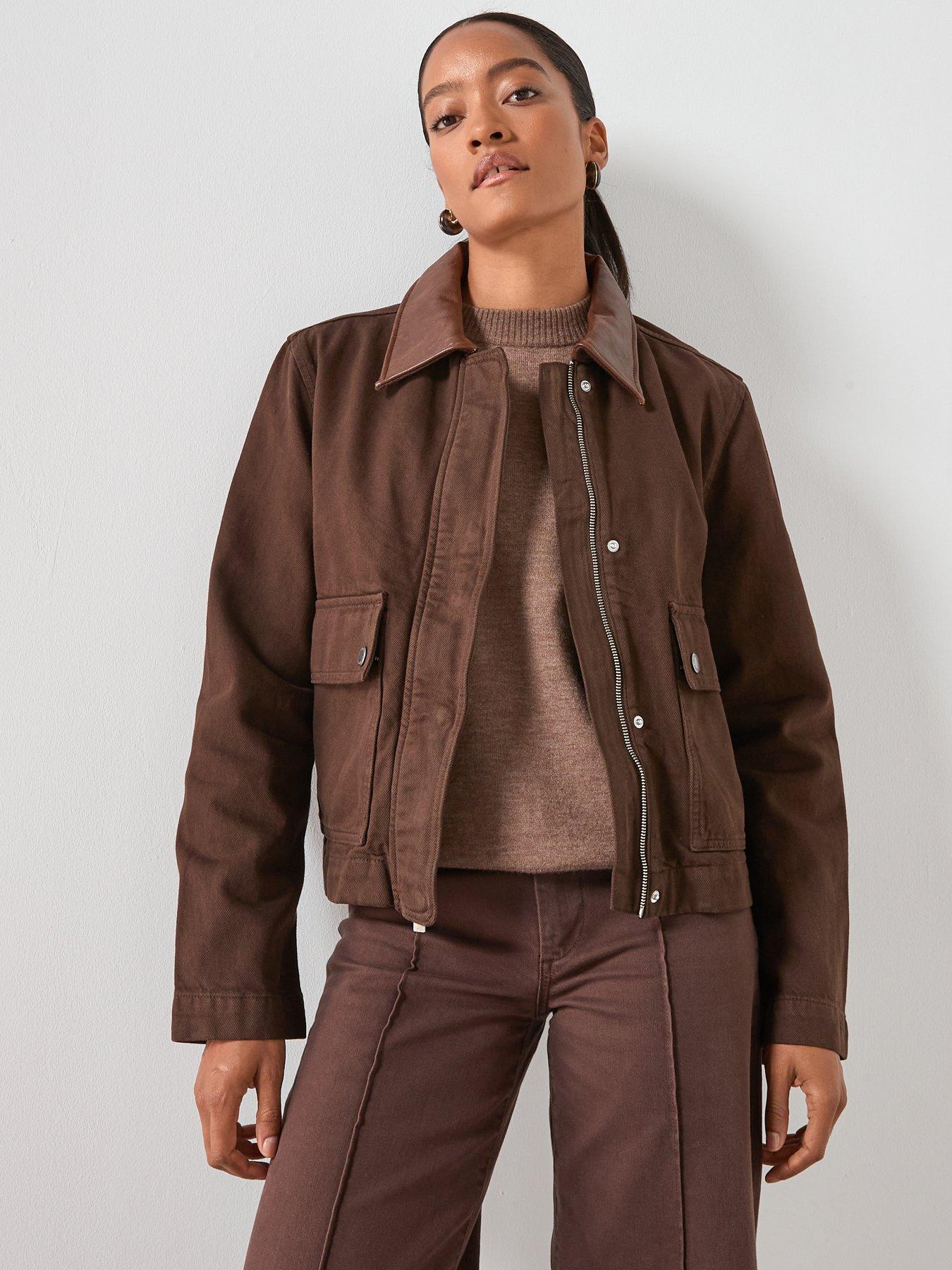  image of mango-denim-parka-with-leather-effect-collar-brown