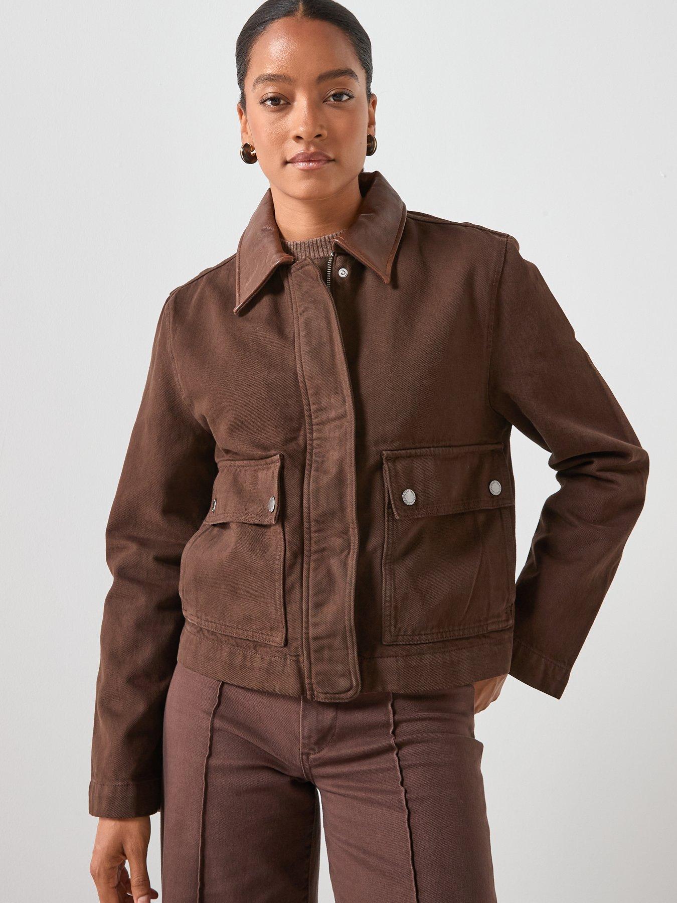  image of mango-denim-parka-with-leather-effect-collar-brown