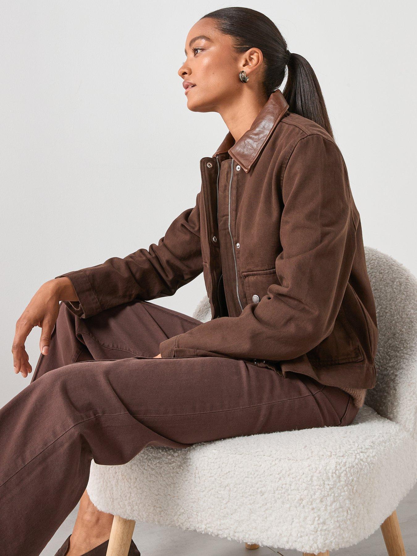  image of mango-denim-parka-with-leather-effect-collar-brown