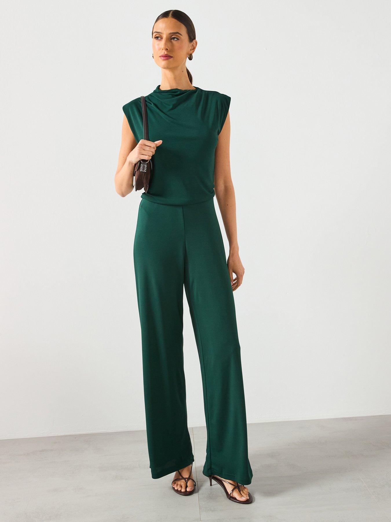 Image 1 of 6 of Mango Straight Fit Jumpsuit With Draped Neckline - Green