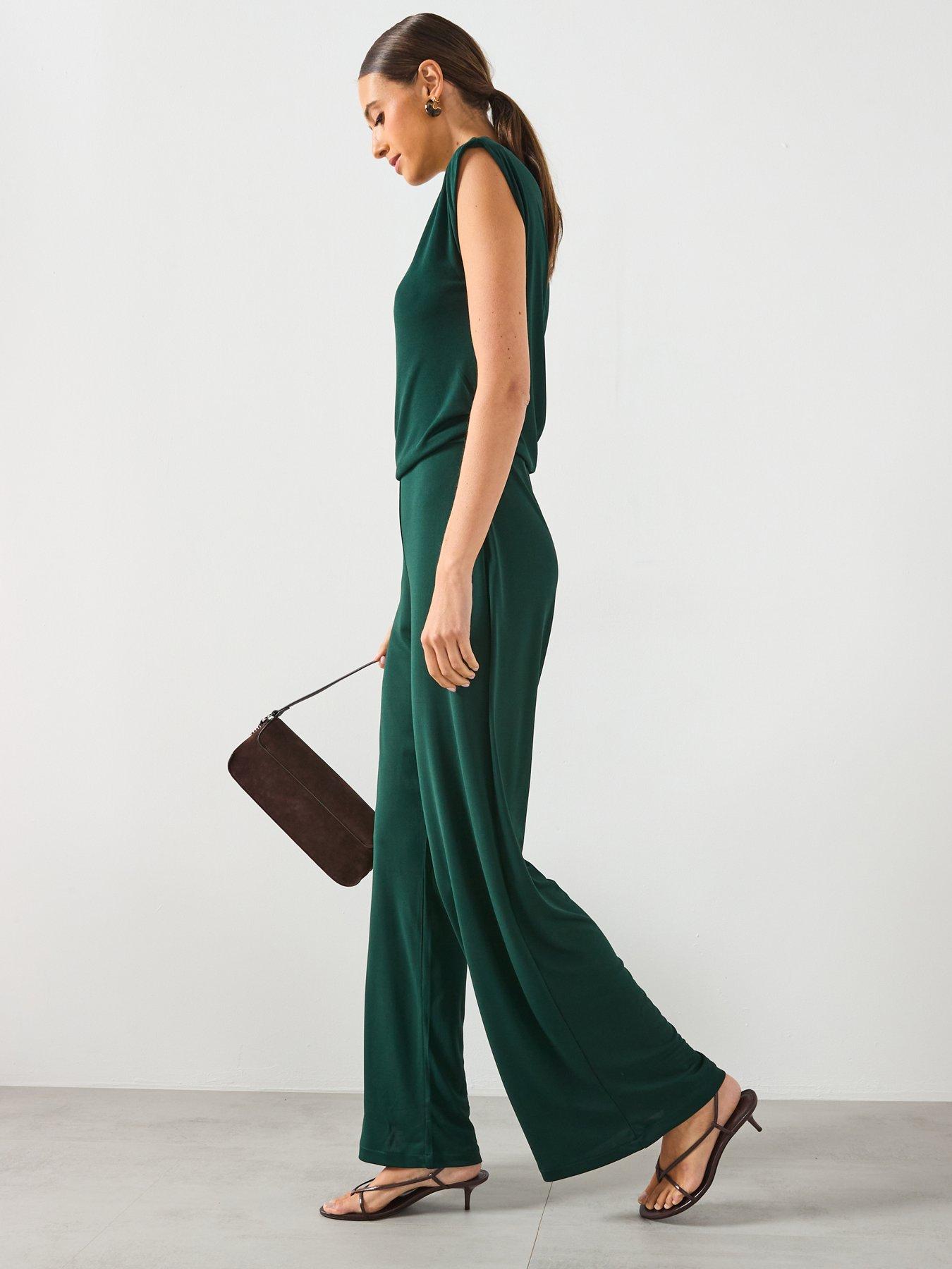 Image 3 of 6 of Mango Straight Fit Jumpsuit With Draped Neckline - Green