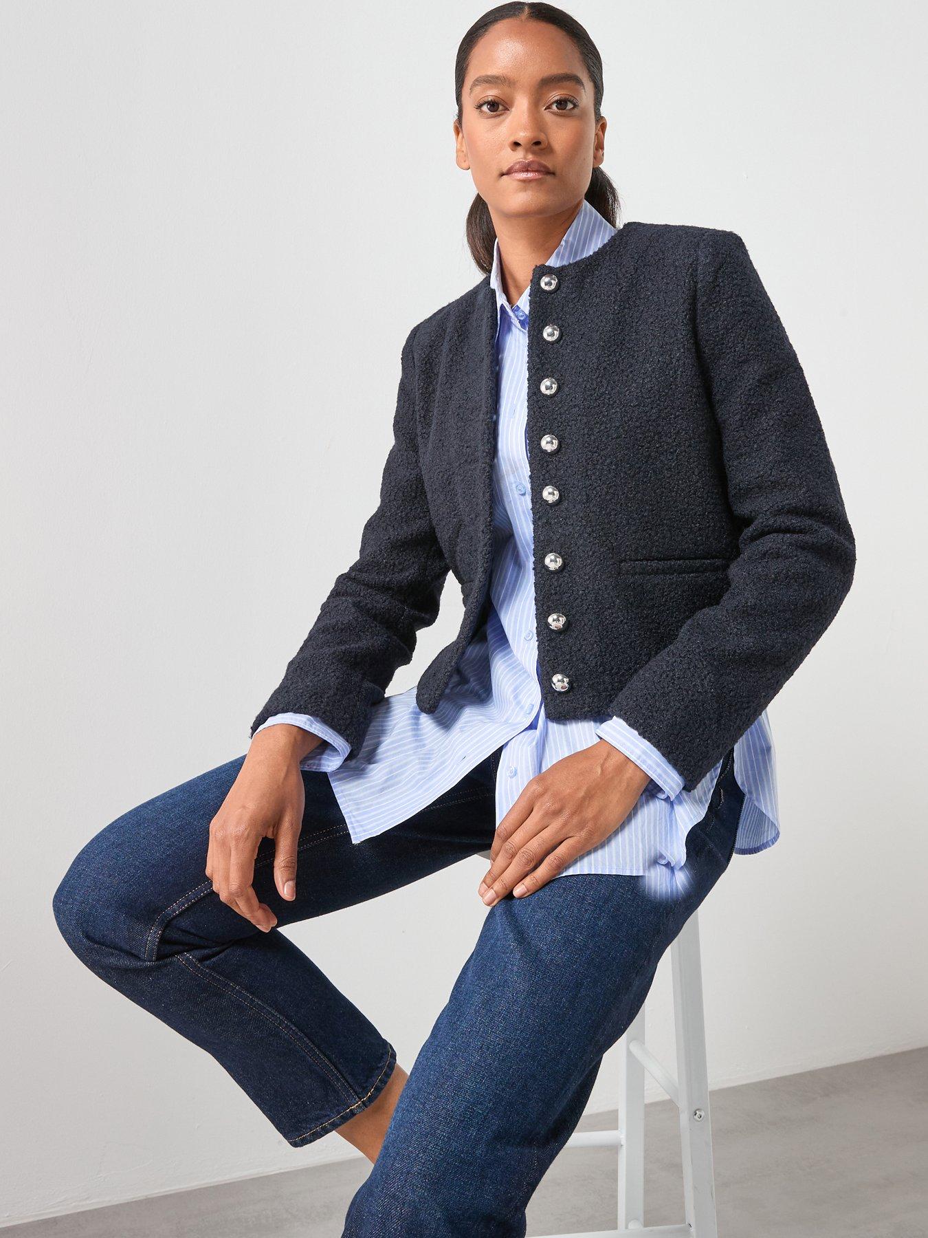 Mango Boucle Silver Button Jacket - Navy