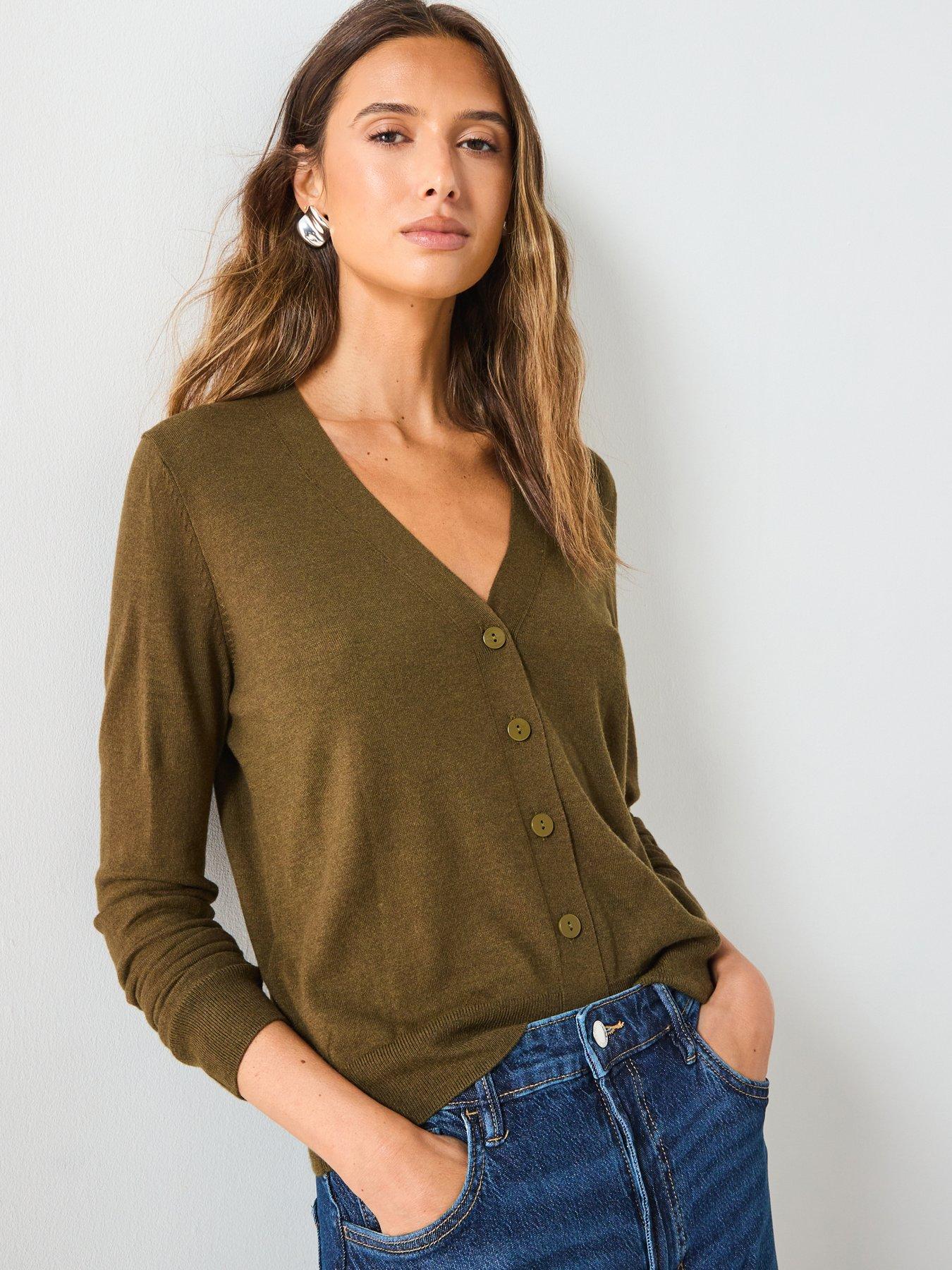 undefined V-Neck Knitted Cardigan - Khaki