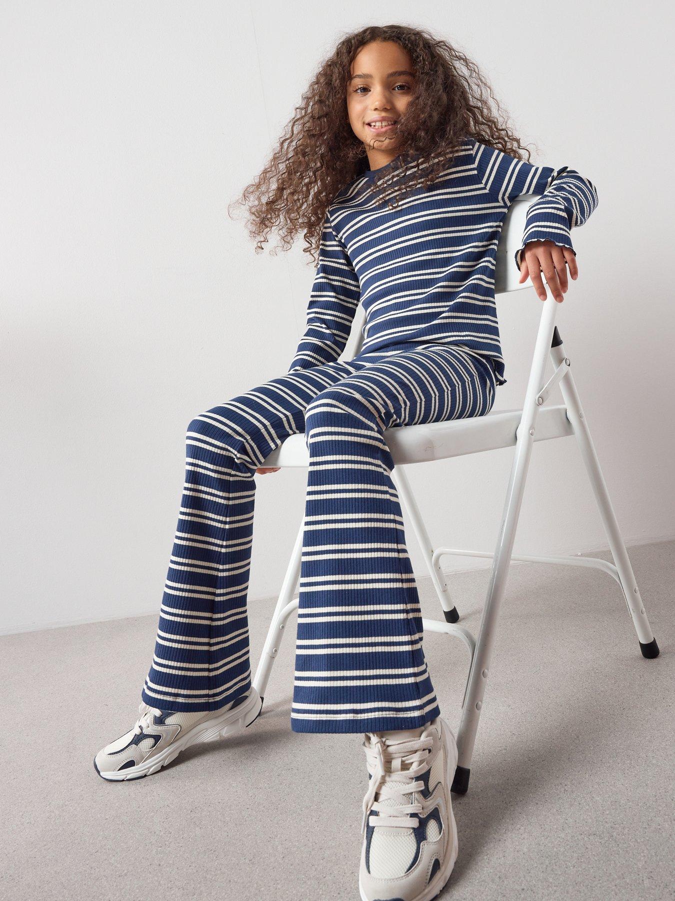 The Very Collection Girls Rib Stripe Long Sleeve Wide Leg Set - Navy ...