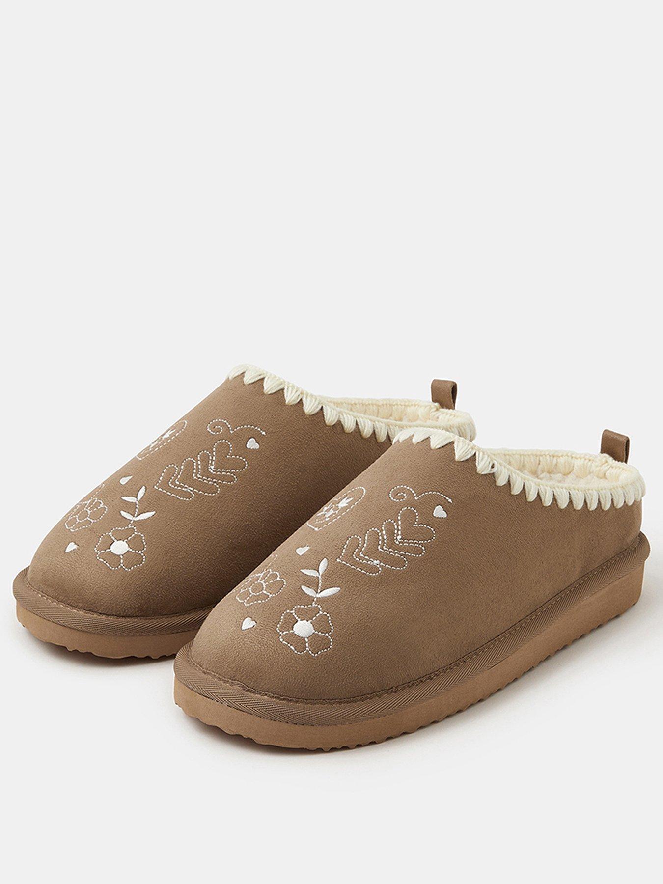 Image 2 of 4 of Accessorize Heart Embroidered Mule Slippers - Brown