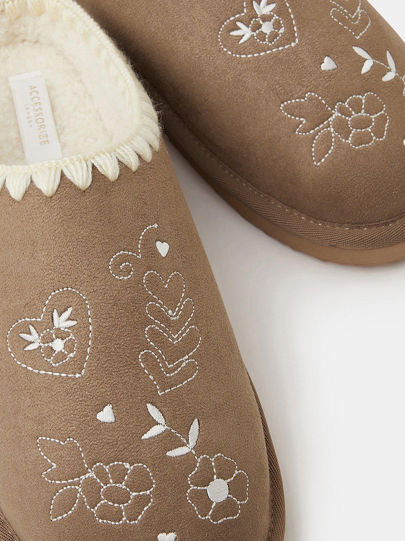 Image 3 of 4 of Accessorize Heart Embroidered Mule Slippers - Brown